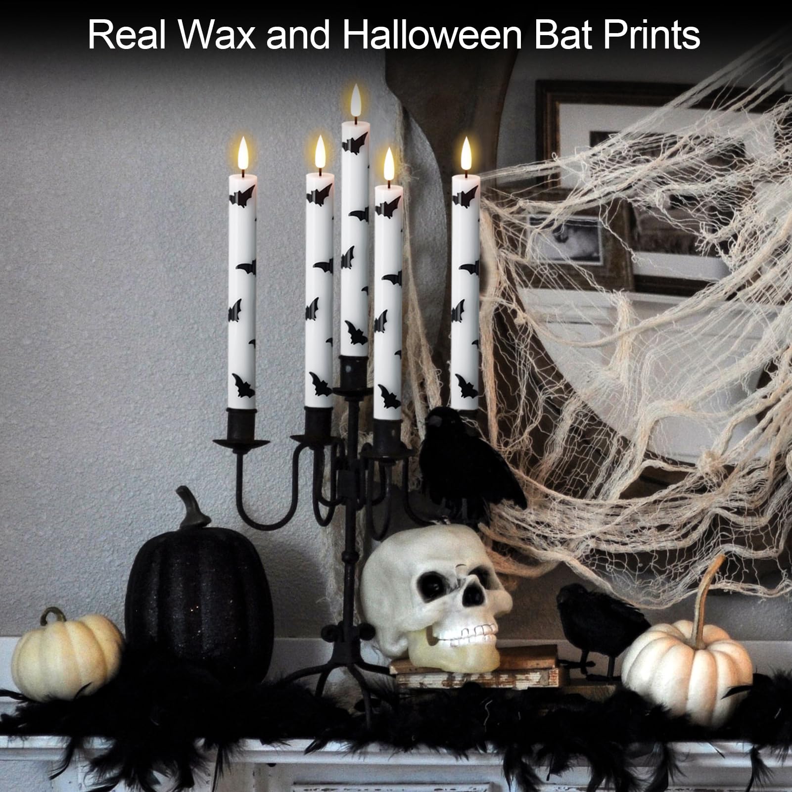GenSwin Candele coniche senza fiamma per Halloween, confezione da 4 candele a LED coniche a batteria con timer remoto, candele senza fiamma tremolanti in vera cera bianca con stampe di pipistrelli per