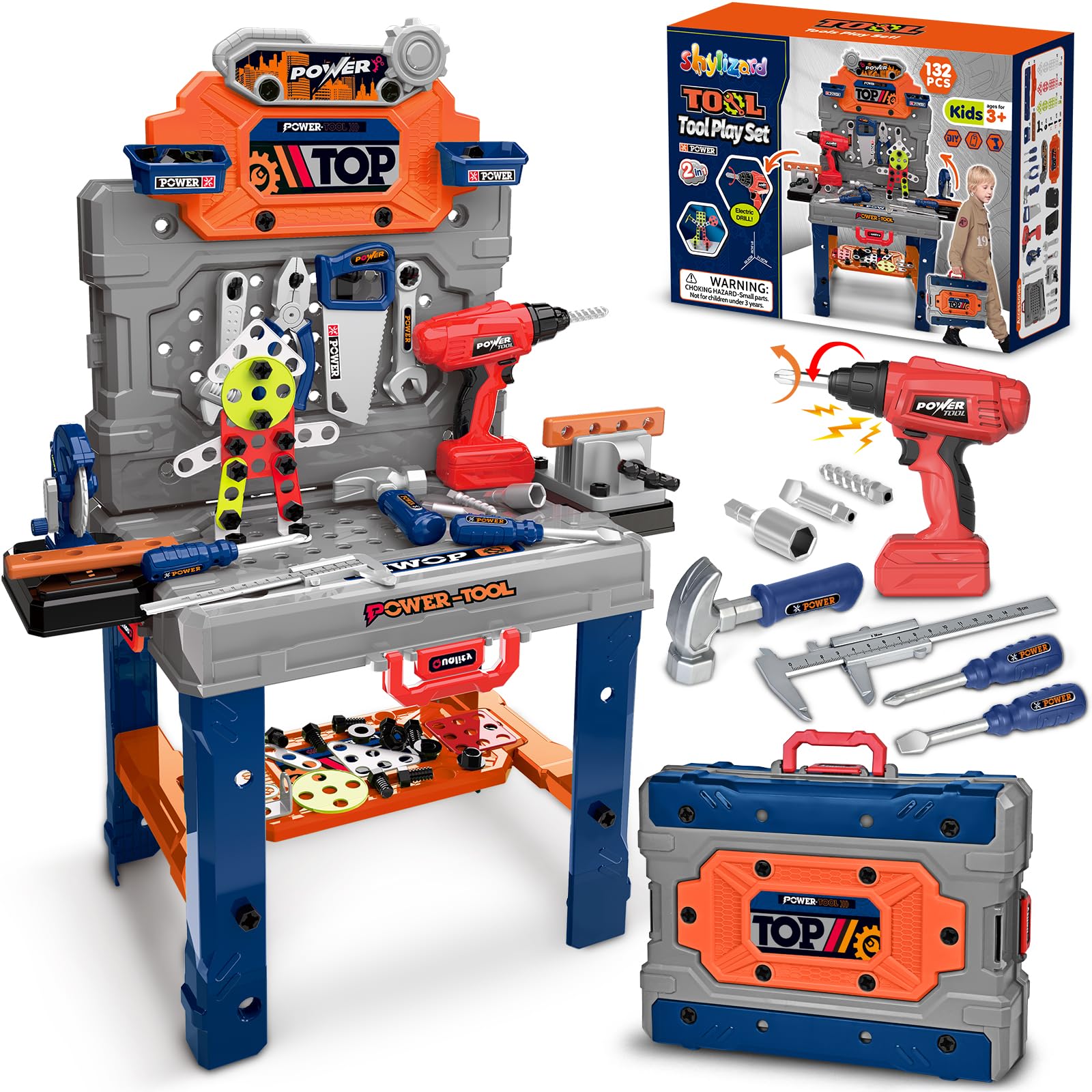 Kids Tool Bench with Realistic Electric Drill, 132 PCS Toddler Tool Set, Birthday Toys for Kids Ages 3 4 5 6 7 8, Toddlers Tool Box & Workbench, Kid Tools Set for Boys Girls 3-5 6-8