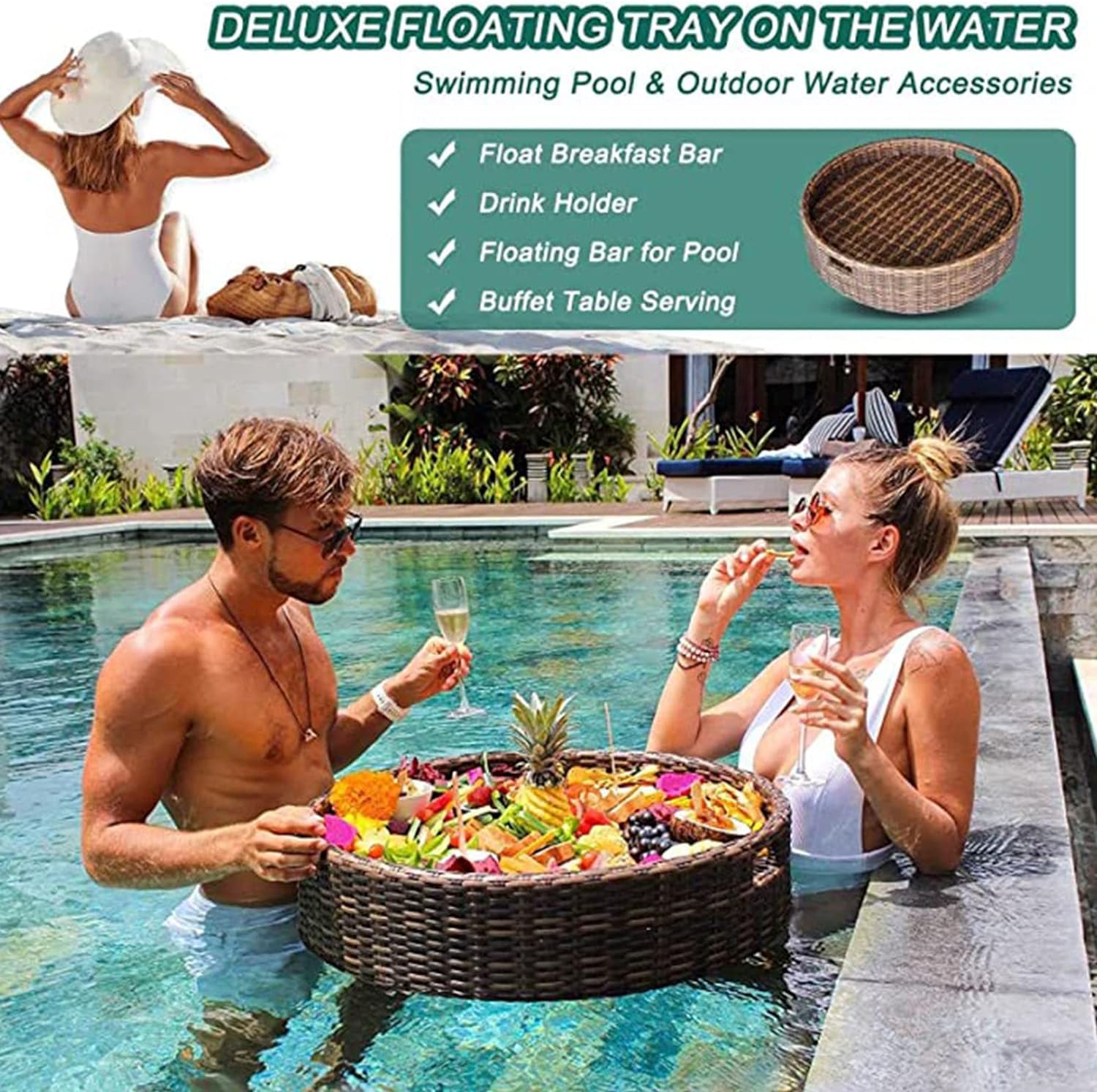 Bandeja flotante de ratán, bandejas flotantes redondas para servir, barra de mesa, bandeja flotante tejida de ratán, bandejas para servir piscina para natación, bancos de arena, spas, baños, fiestas