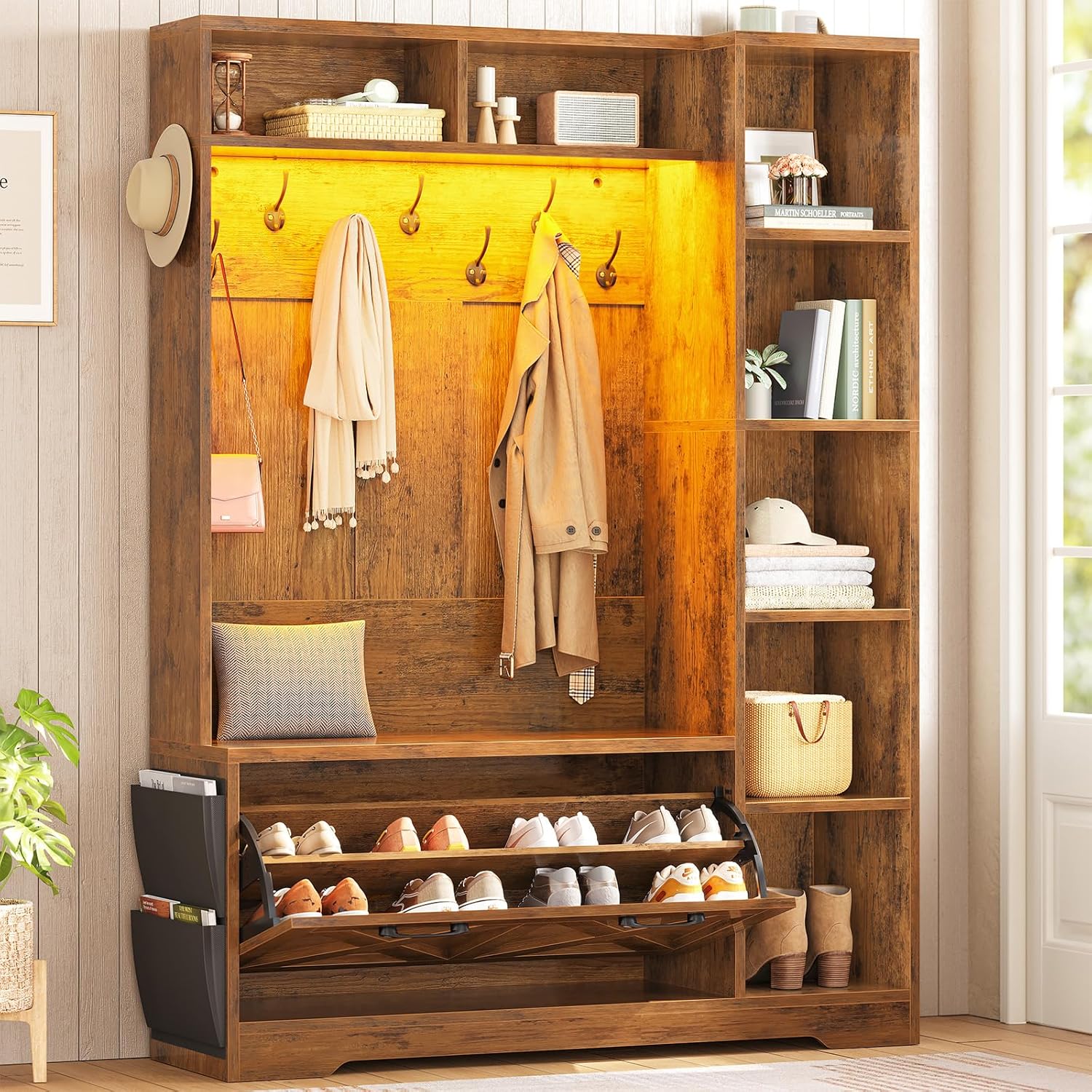 Itaar Farmhouse Hall Tree with Bench, Flip Shoe Cabinet, 10 Hooks, 7 Shelves, LED Lights & Storage Bag - Rustic Entryway Organizer