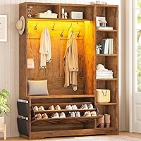 Itaar Farmhouse Hall Tree with Bench, Flip Shoe Cabinet, 10 Hooks, 7 Shelves, LED Lights & Storage Bag - Rustic Entryway Organizer