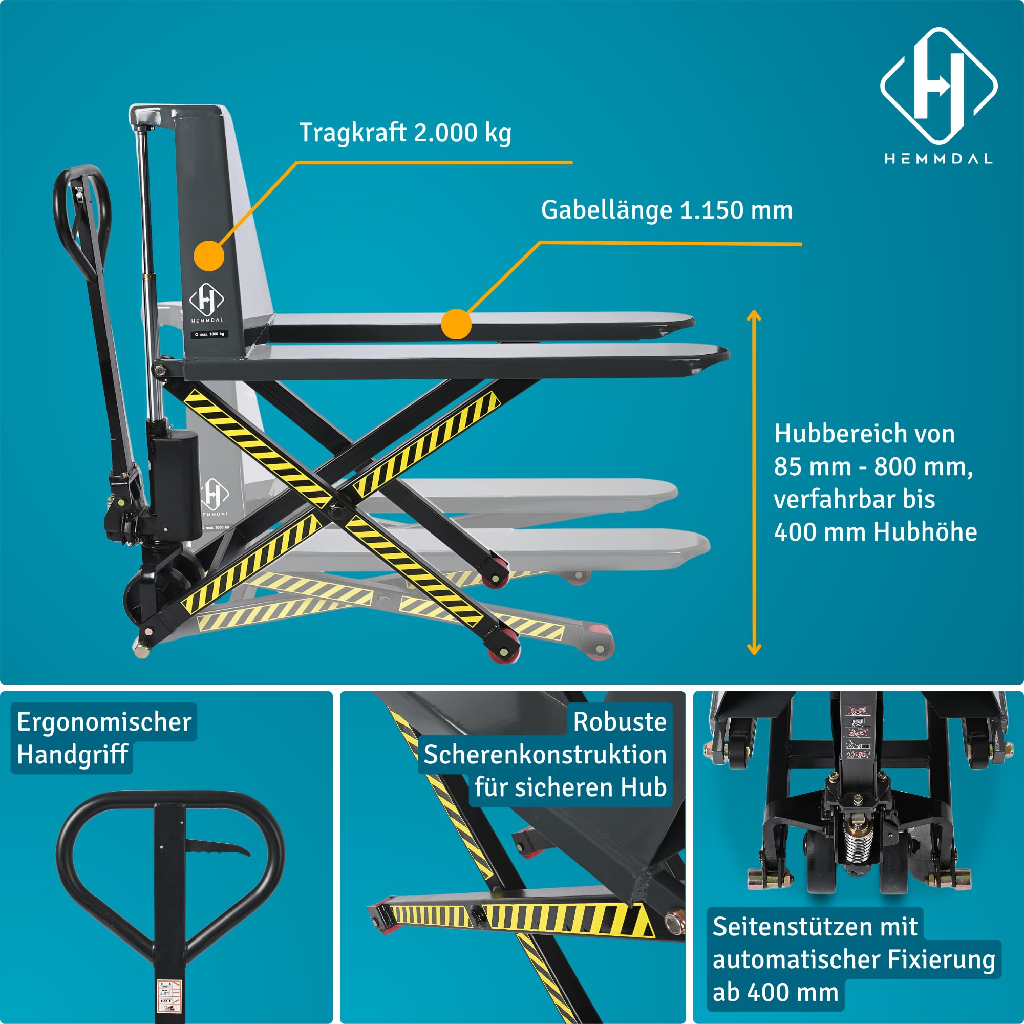 HEMMDAL Scherenhubwagen PTM | 1.000 kg Tragkraft | 85-800 mm Hubbereich | 1.150 mm Gabellänge | Lenkrad aus robustem Polyurethan | Polyurethan Einfach-Gabelrollen | Hubtisch