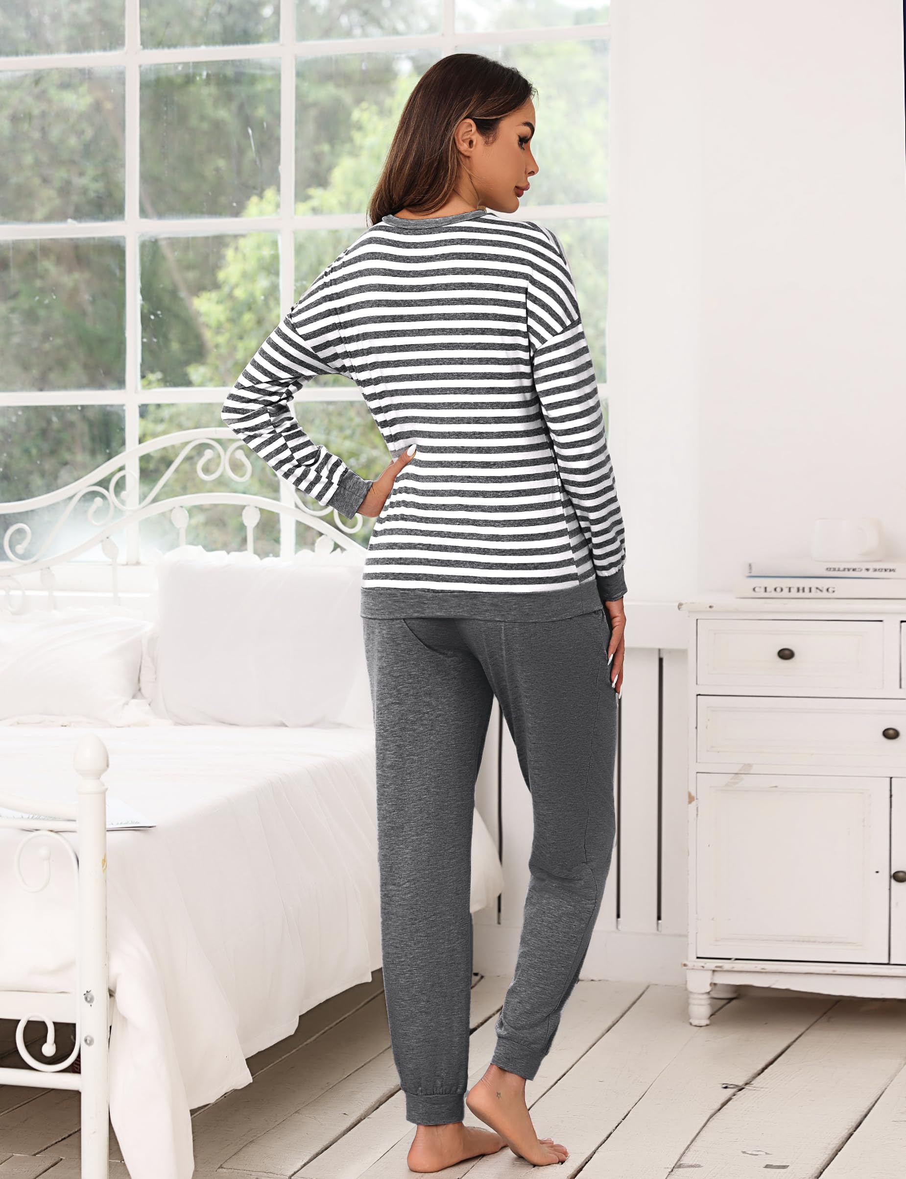 Bresdk Pigiama Donna Cotone Lungo Manica Lunga Leggeri Pigiami Due Pezzi Invernale Caldo Collo Rotondo Strisce Striped Pajamas