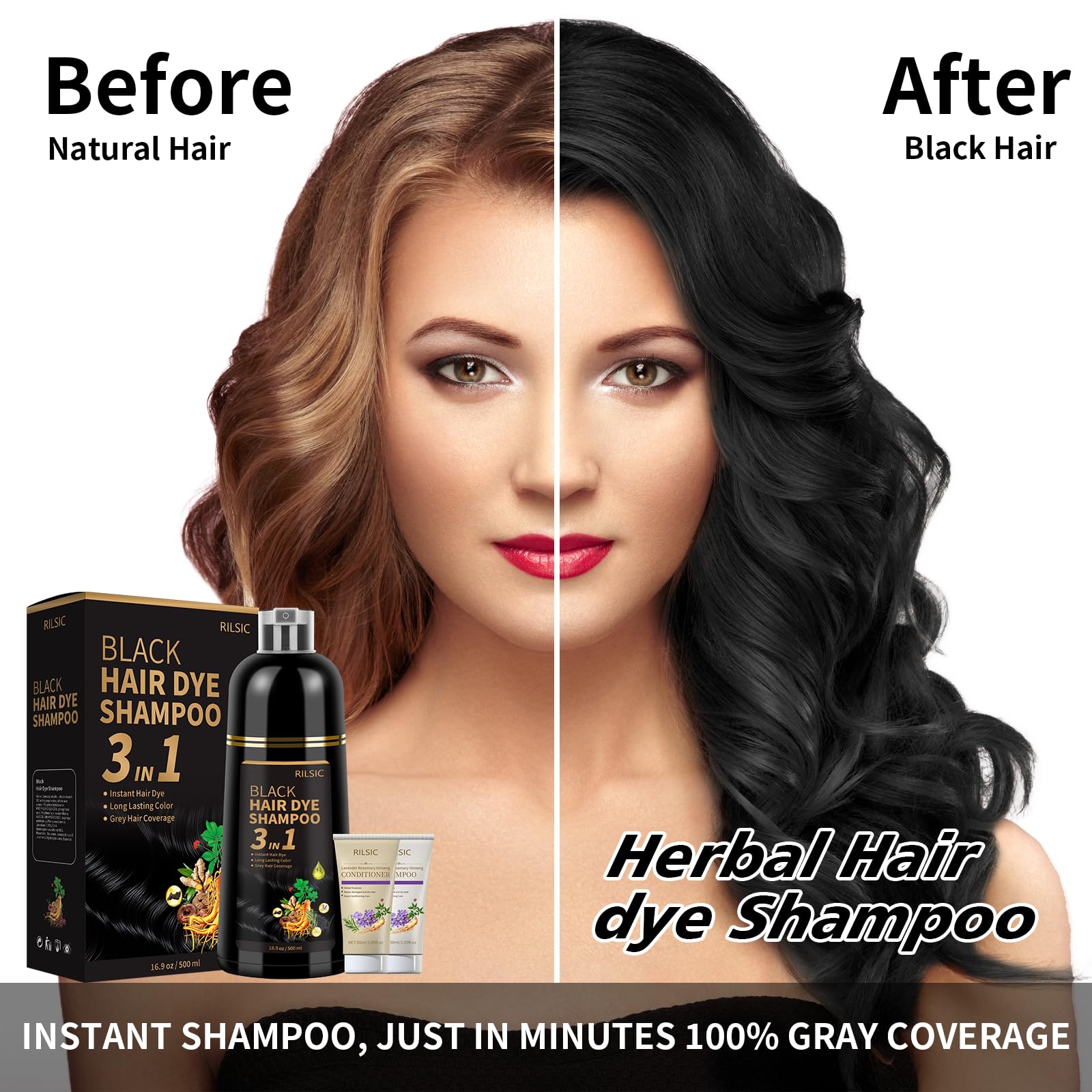 RILSIC Shampoo Colorante, 500ml Hair Dye Shampoo 3 in 1 & 50ml Shampoos & 50ml Balsamo, Colorante Tinta Capelli Istantaneo, Naturale Hair Color per Donna Uomo (Nero, 600ML)