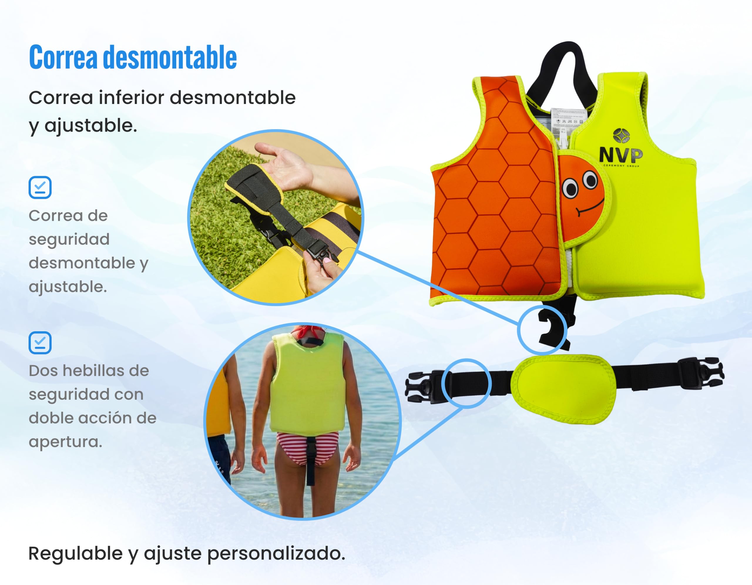 Chaleco de Natación Infantil de Neopreno NVP para Bebés y Niños 1-6 Años - Chaleco Flotador Ajustable con 8 Paneles de Flotación
