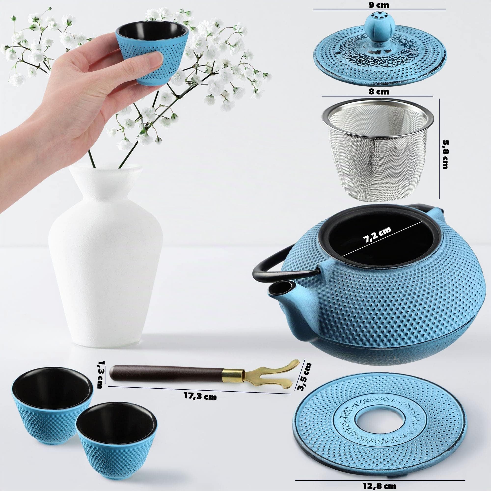 KADAX Tetera japonesa, hervidor de hierro fundido de 850 ml, jarra de 15 cm con filtro de malla y mango resistente, juego de té estilo japonés, jarra de hierro tradicional (azul)