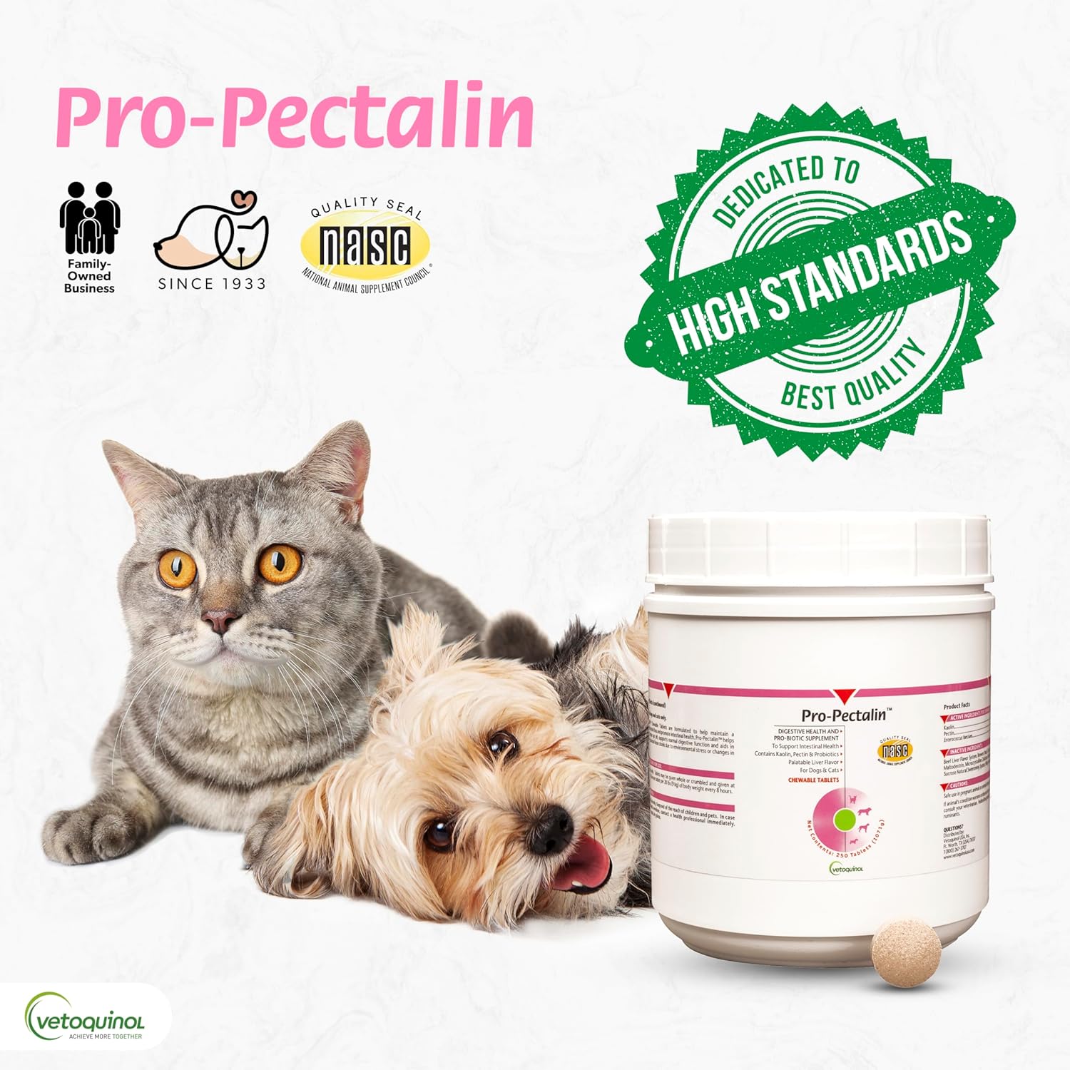 Vetoquinol Pro-Pectalin Chewable Tablets for Dogs & Cats, Helps Relieve Occasional Diarrhea, Situational Diarrhea Relief with Kaolin and Pectin, Contains Beneficial Probiotic Bacteria, 250 ct