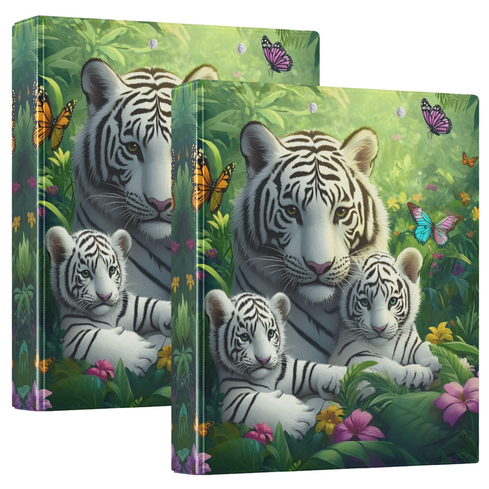 Confezione da 2 raccoglitori a 3 anelli – Animal Tiger Butterfly Flowers 3,8 cm Round Ring Raccoglitore con 3 tasche trasparenti, portablocco e contiene 200 fogli per ufficio, scuola