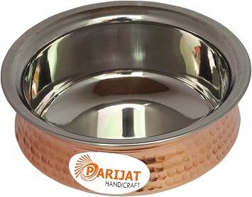 PARIJAT HANDICRAFT Pack of 1 Stainless steel copper hammered for vegetable and curries copper tableware serving bowl serve ware handi set tureens Size-4 Inch