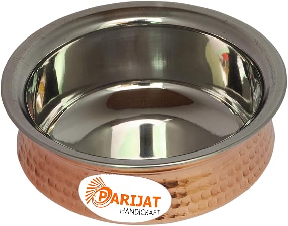 PARIJAT HANDICRAFT Pack of 1 Stainless steel copper hammered for vegetable and curries copper tableware serving bowl serve ware handi set tureens Size-4 Inch