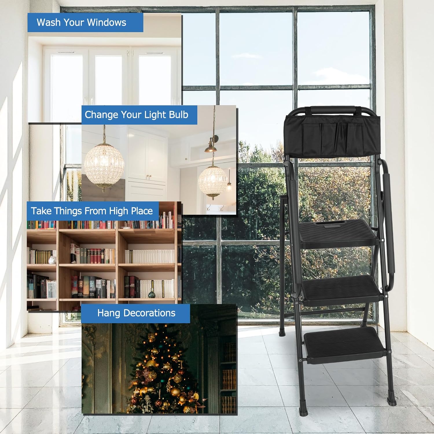 BLACKHORSE-RACING 3 Step Ladder with Handrails & Attachable Tool Bag, 500 lbs Folding Step Stool Ladder, Wide Non-Slip Pedal for Kitchen Pantry Home Office, Black