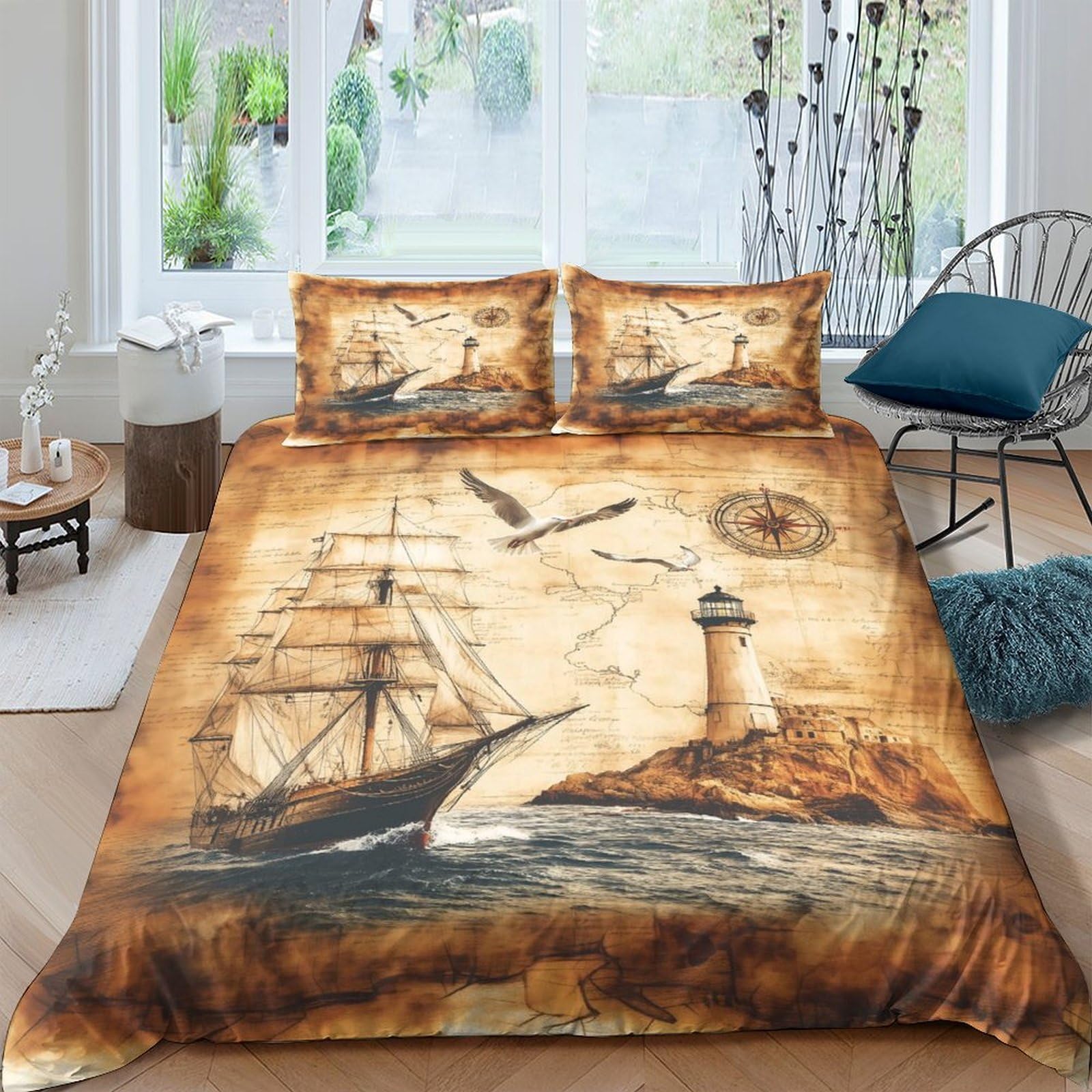 Ctjqhvkz Style-3 3D Printed Vintage Sailing Ship Fitted Sheet Microfiber Nautical Lighthouse Bed Cover For Bedroom Dorm Decorative Single（135X200cm）