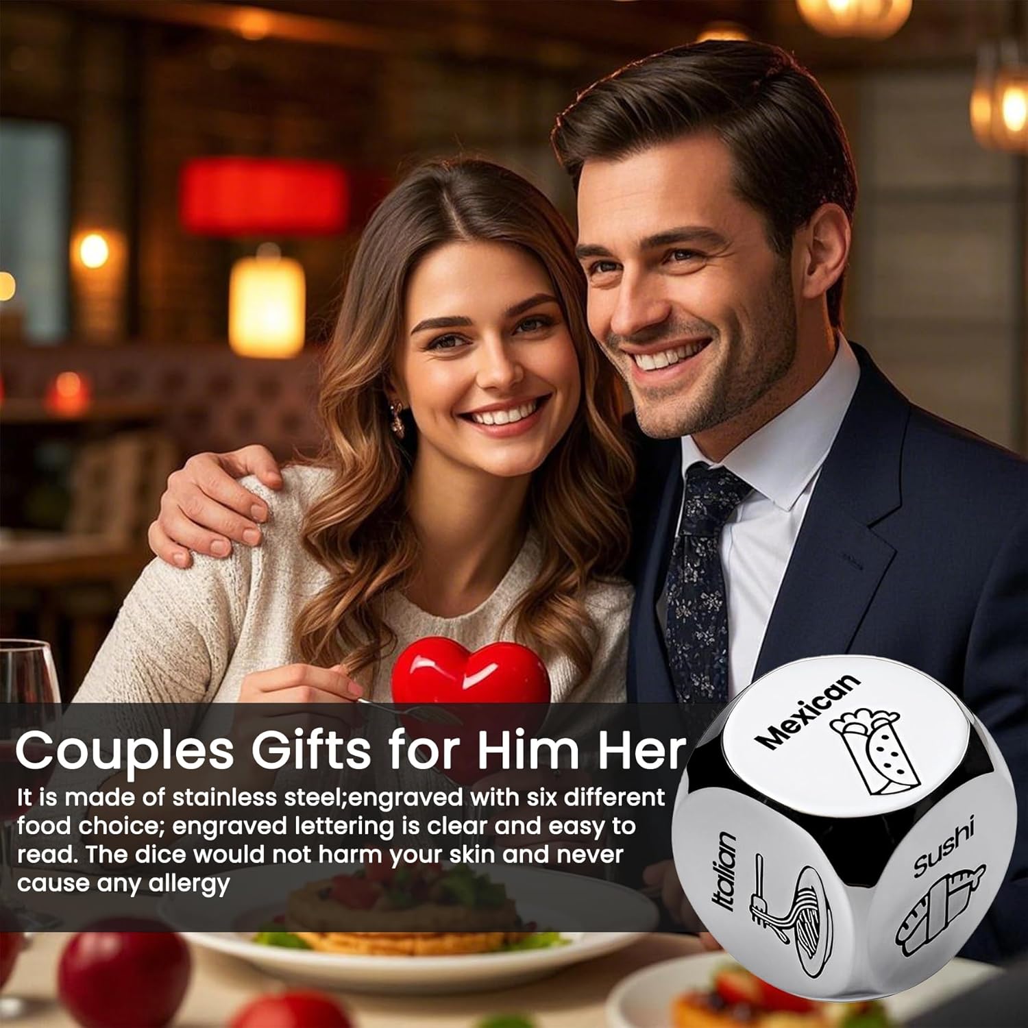 Stocking Stuffers for Men Women,Food Dice,Anniversary Steel Food Decision Dice Couple Gifts for Women Men Birthday Wedding Funny Gifts for Boyfriend,Girlfriend,Men,Women,Wife,Husband