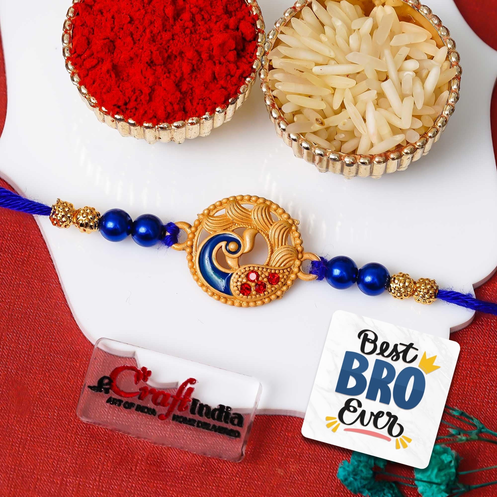 eCraftIndia Blue Golden Designer Peacock Rakhi for Brother with Gift Combo Set | Raksha Bandhan Rakhi for Bhai Bhaiya | Best Bro Ever Fridge Magnet | Roli Chawal Pack