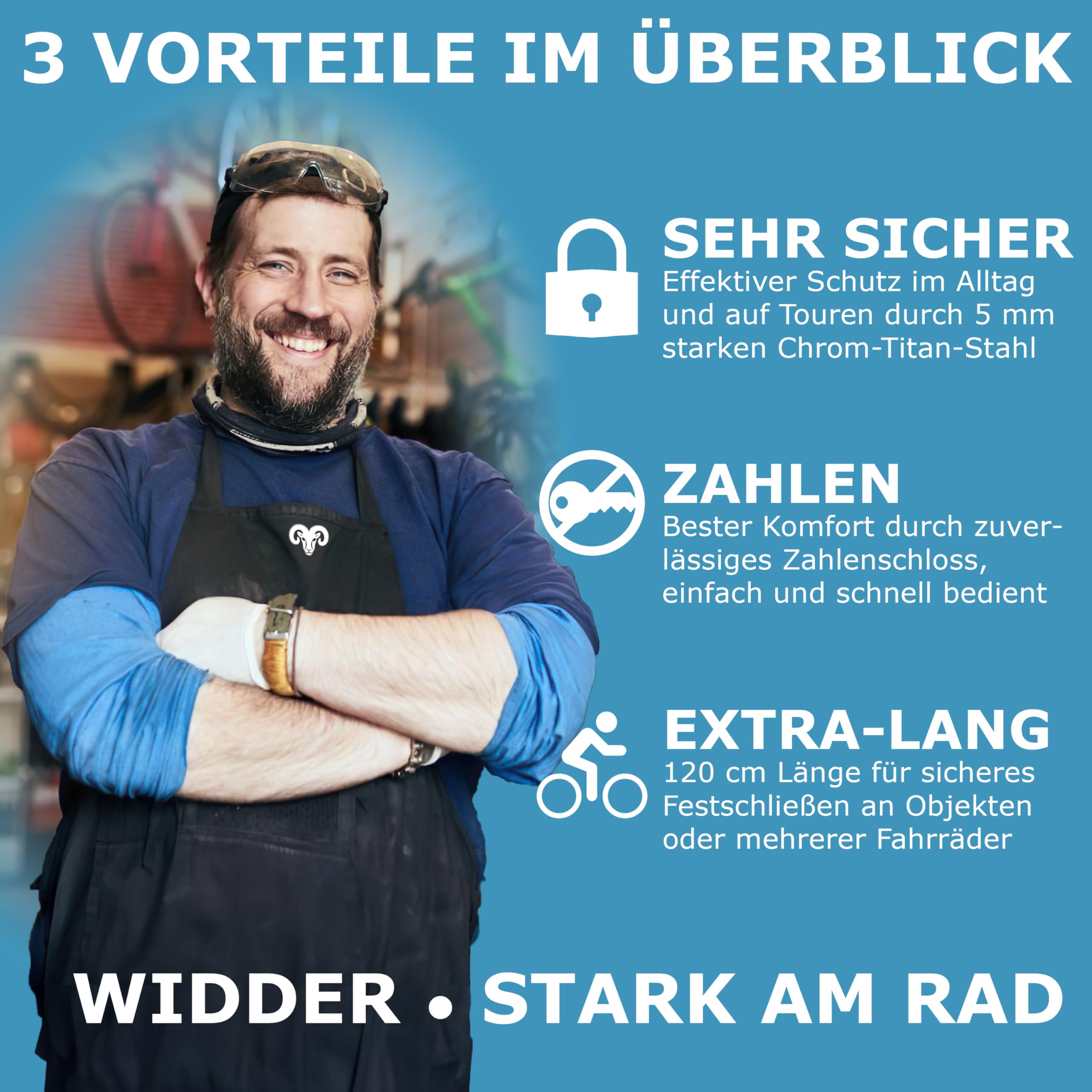 WIDDER 120cm Extrem Sicheres Fahrradschloss Zahlenschloss [Titan-Stahl Level 15] - 120 cm Faltschloss Fahrrad Zahlen Schloss mit Halterung - e Bike Lock & e Scooter Schloss mit Zahlencode