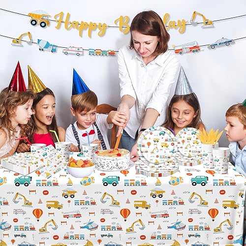 Miniatura 3 de Suministros para fiestas de cumpleaños de transporte, 142 piezas de platos de papel de transporte y servilletas para decoraciones de mesa,