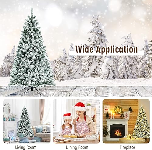 Miniatura 10 de Goplus Árbol de Navidad flocado de nieve de 8 pies, árbol de Navidad artificial con bisagras con 650 luces LED, soporte de metal plegable y 1502
