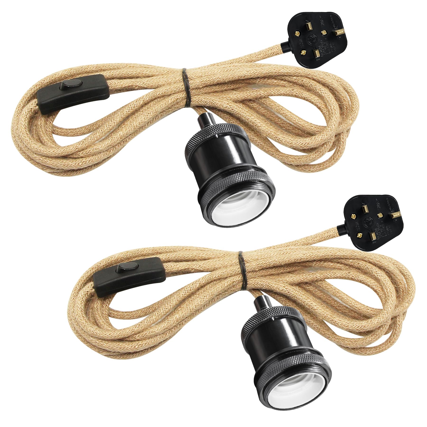 2 Pack Hemp Rope Plug in Pendant Light, 5M Cable E27 Lamp Holder with Switch, Hemp Rope Lighting Fitting, Plug in Ceiling Light, Hanging Lighting Cord, Suitable for Various Lampshade, Black