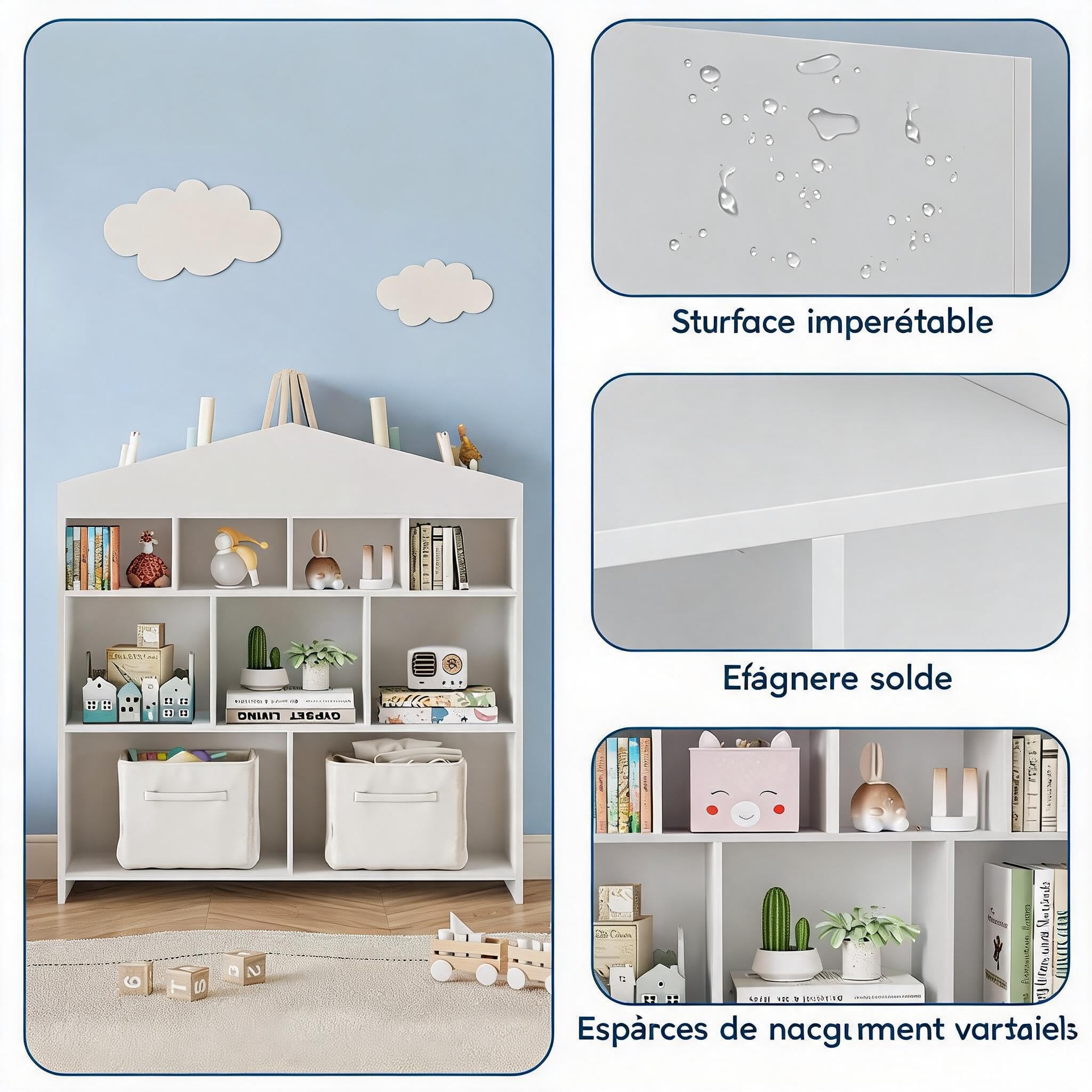 Sécurité et Design Maison – Bibliothèque Enfant en Forme Maison | 4 niveaux, 15 cubes, étagère à livres et jouets en bois
