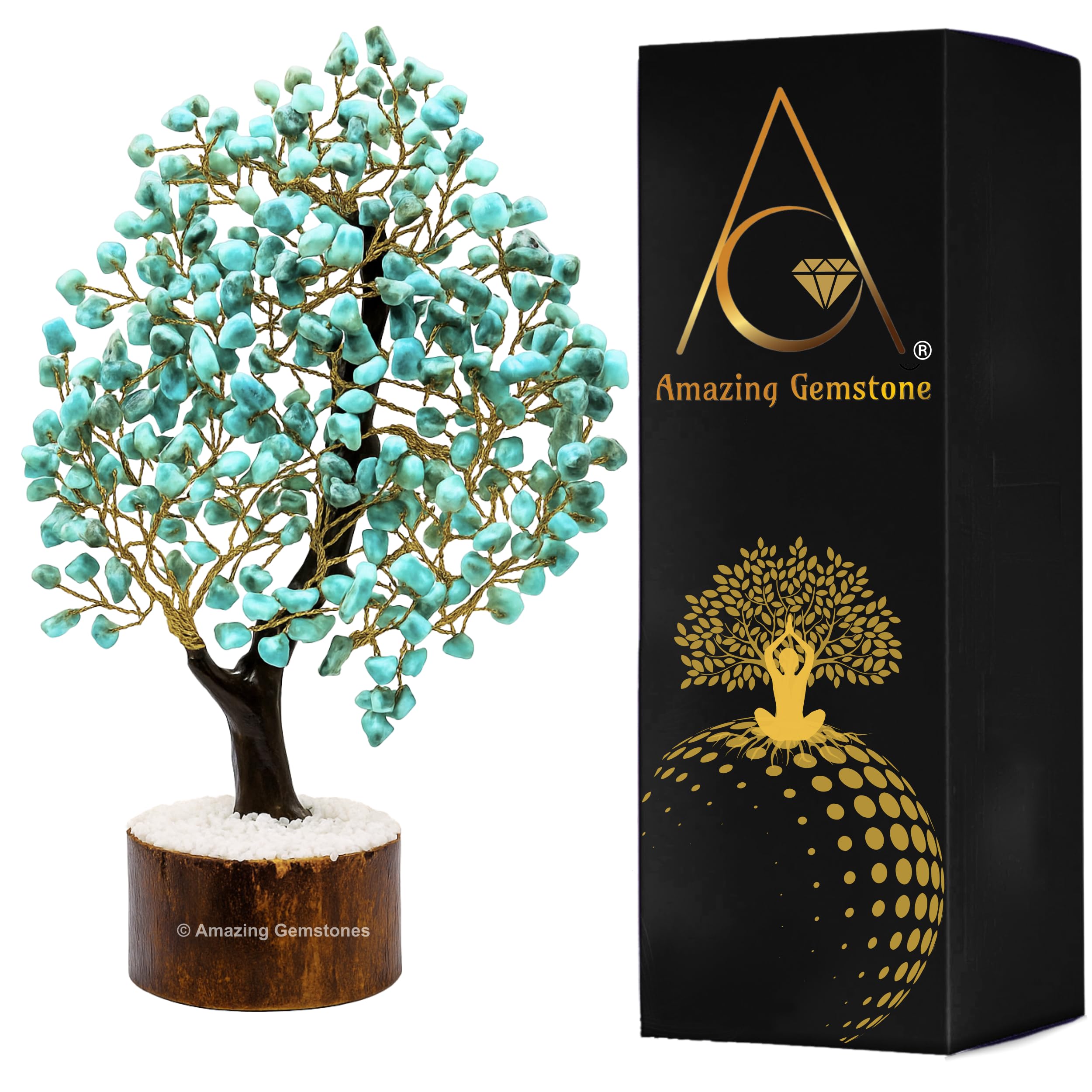 Amazing Gemstone Larimar Natural Healing Premium Crystal Bonsai Feng Shui Fortune Money Tree of Life for Home Office Decor (Gift Box Ready,10-12 Inch)