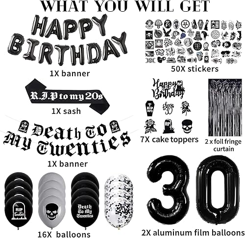 Miniatura 2 de Decoraciones negras de cumpleaños número 30 para mujeres u hombres, decoraciones de muerte a mis 20, pancarta de la muerte a mis veinte con el