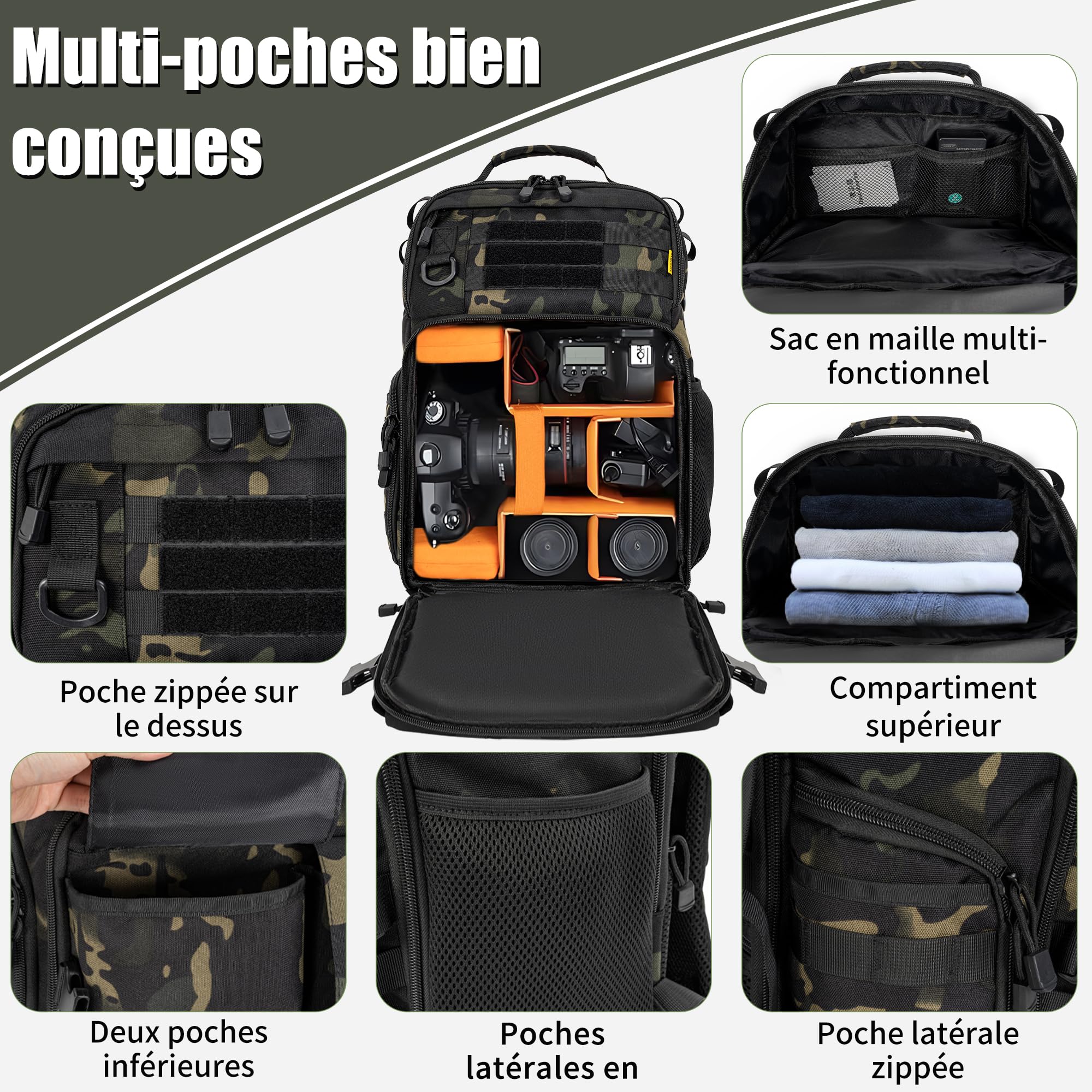 OUUTMEE Sac à Dos pour Appareil Photo pour DSLR/SLR, Étanche (Camouflage noir)