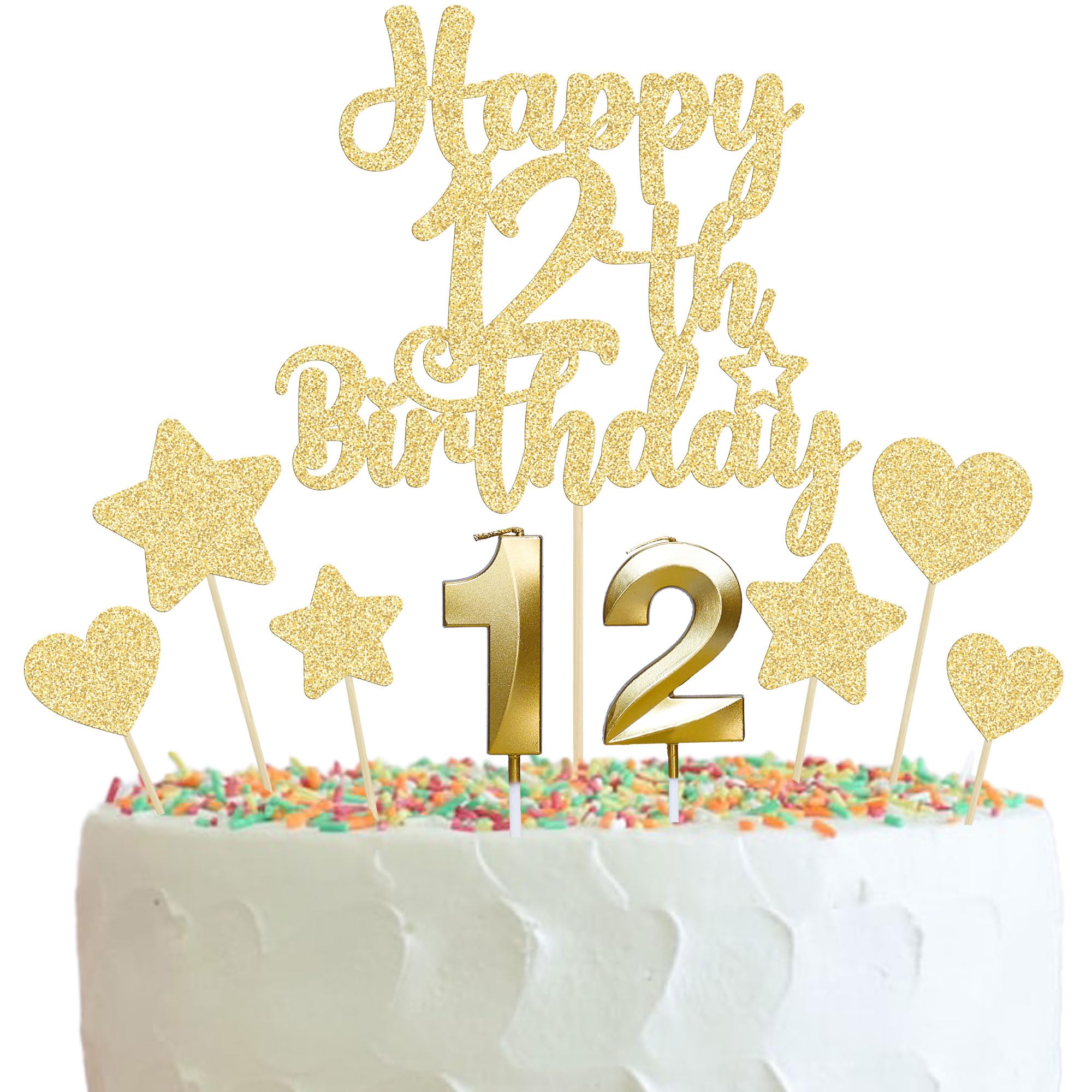 Gyufise 15Pcs Happy 12th Birthday Cake Topper Set Heart Star Glitter Cheers to 12 Years Cake Picks Number 12 Candles Cake Decorations for Happy 12th Birthday Anniversary Party Supplies Gold