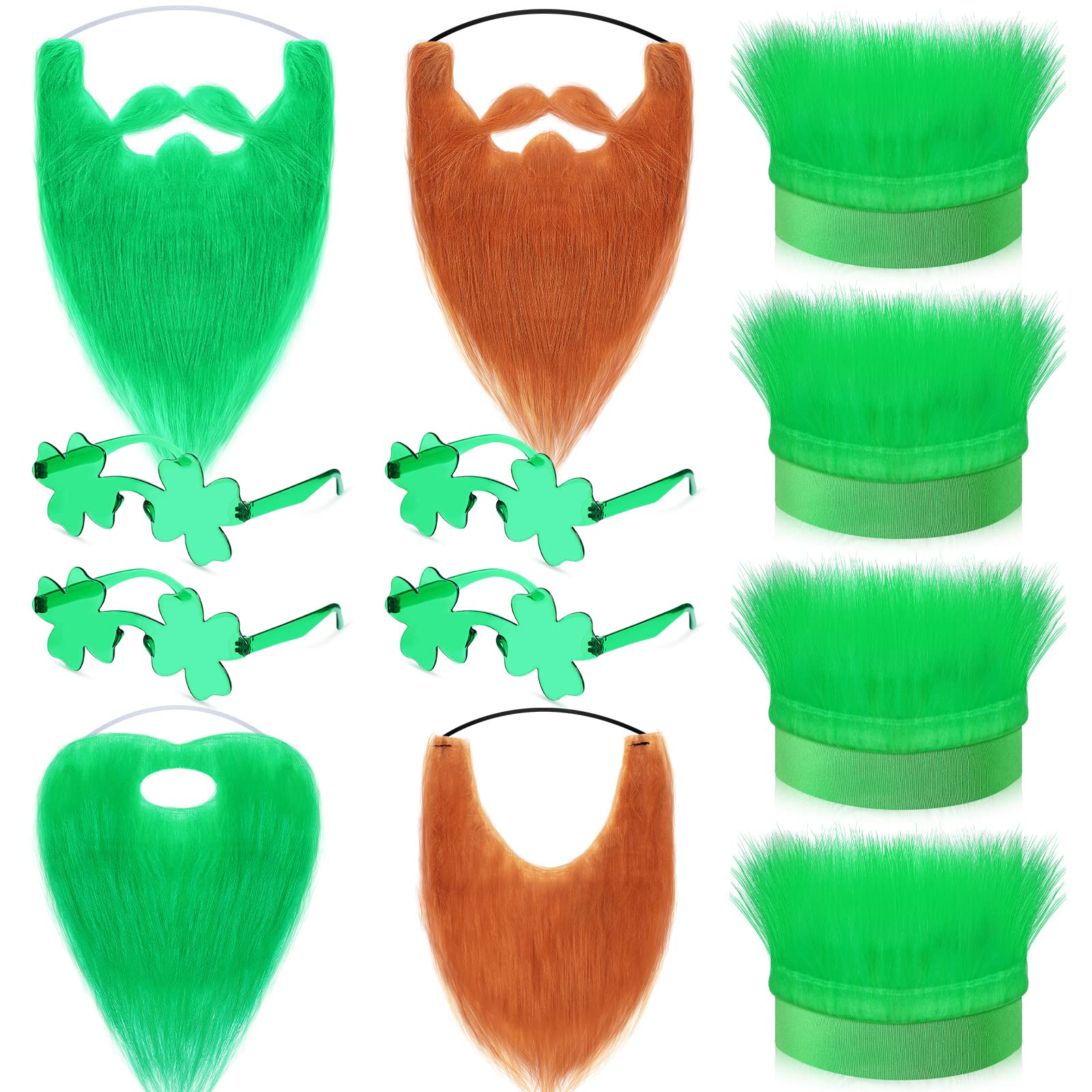 Jutom 12 Pieces St. Patrick's Day Costume Accessories Included 4 Pcs Green Hairy Headbands, 4 Pcs Fake Beards Mustache, 4 Pcs Irish Shamrock Glasses for St. Patrick's Day Holiday Parades Themed Party