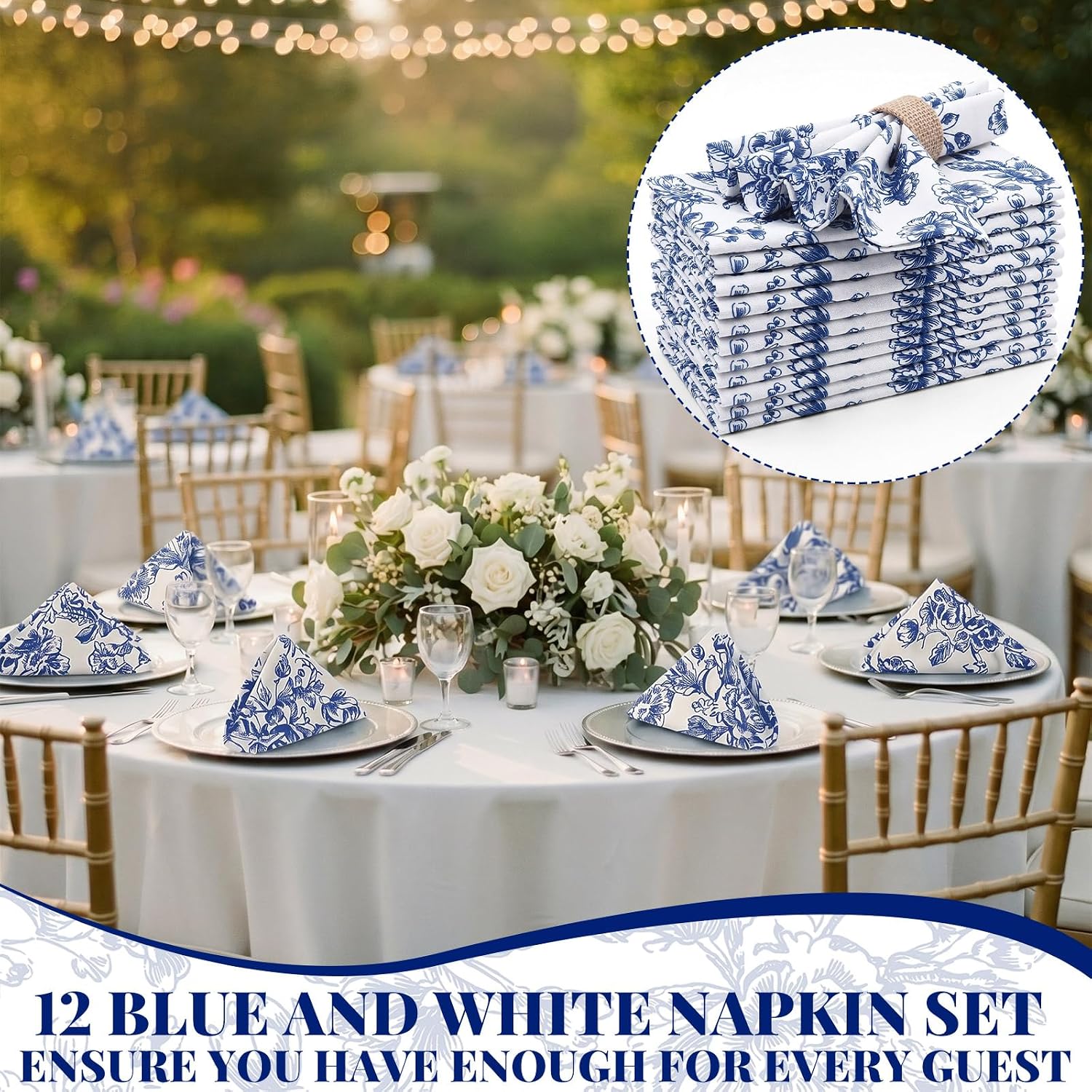 Mindsoft 12 Pack Blue Floral Cloth Napkins 18x18 Inch Reusable Linen Cotton Dinner Napkins Vintage Blue and White Table Napkin Cloth for Wedding Banquet Bridal Party Supplies