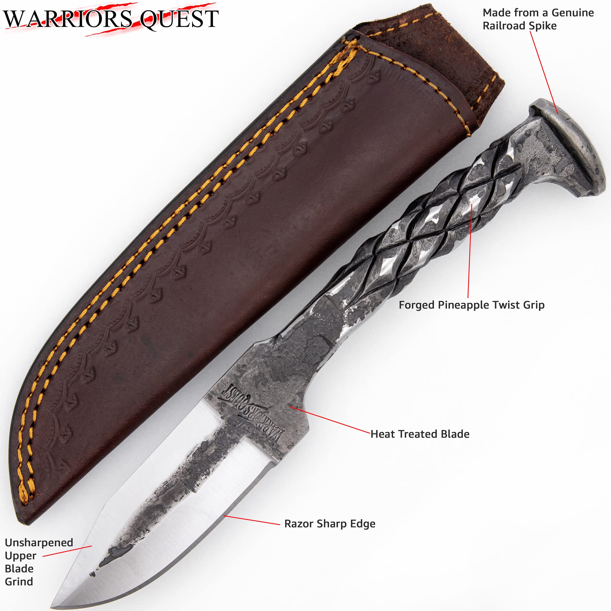 WARRIORS QUEST™ - SideWinder Railroad Spike Knife - Hand Forged & Heat Treated Carbon Steel Knife with Premium Tooled Leather Sheath