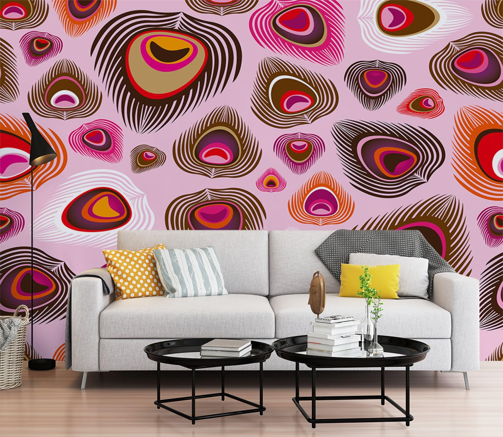 Papier peint panoramique plume rose pour masquer un mur abîmé avec élégance