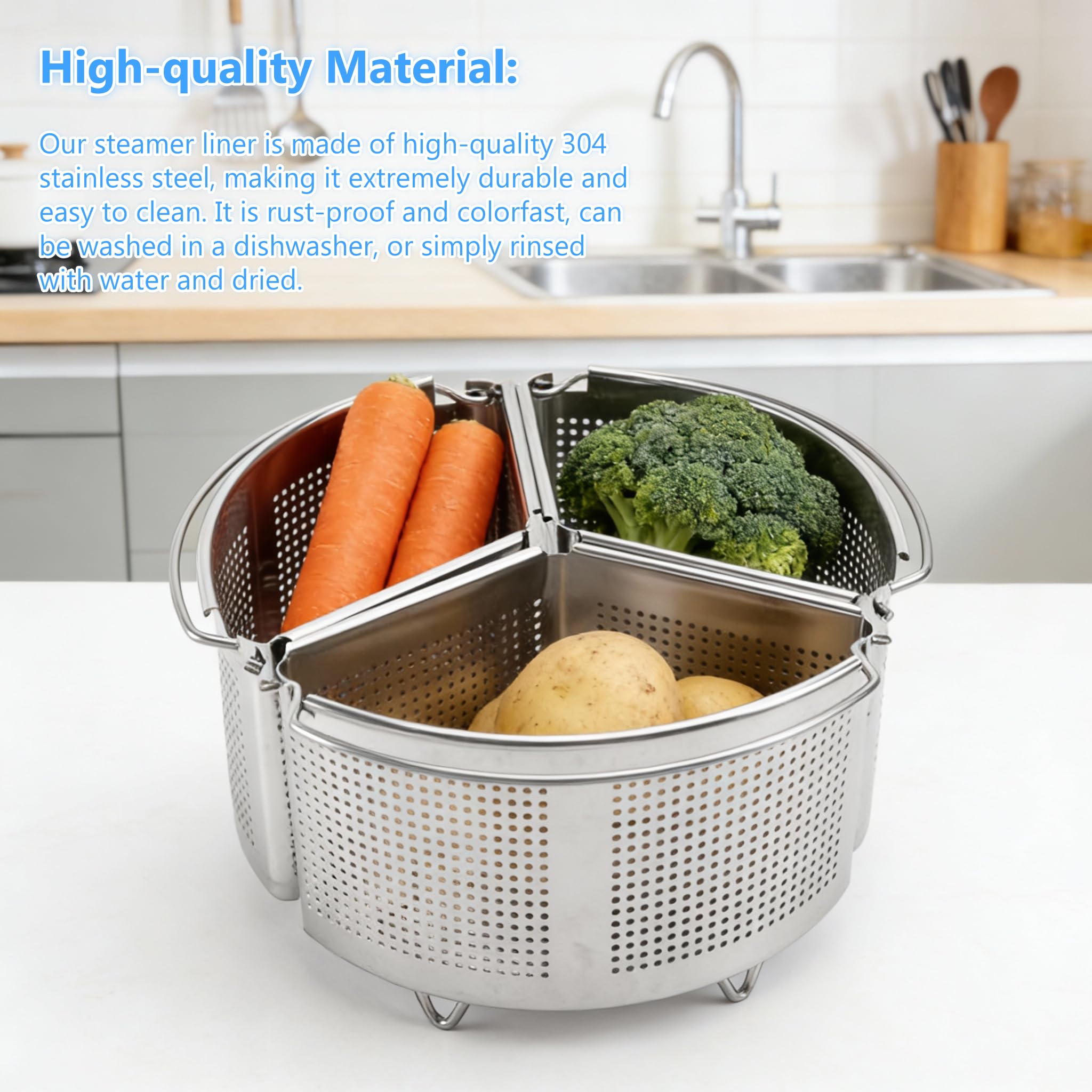 Separadores para Buque de Vapor, 3 Piezas Vaporera Acero Inoxidable con Guantes de Silicona 18 x 18 x 11 cm Cesta de Drenaje con Mango y Base Cestas Divisoras para Pasta Verduras Mariscos Pequeños