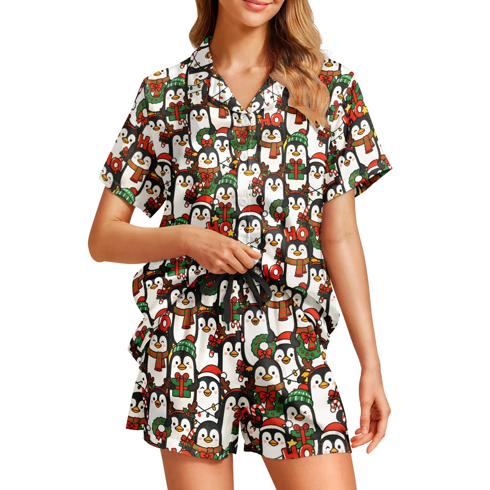 Funny Pajamas for Women Set Print Satin Loungewear Pjs Short Sleeve Button Down Top and Shorts Sets Sleepwear XS-3XL