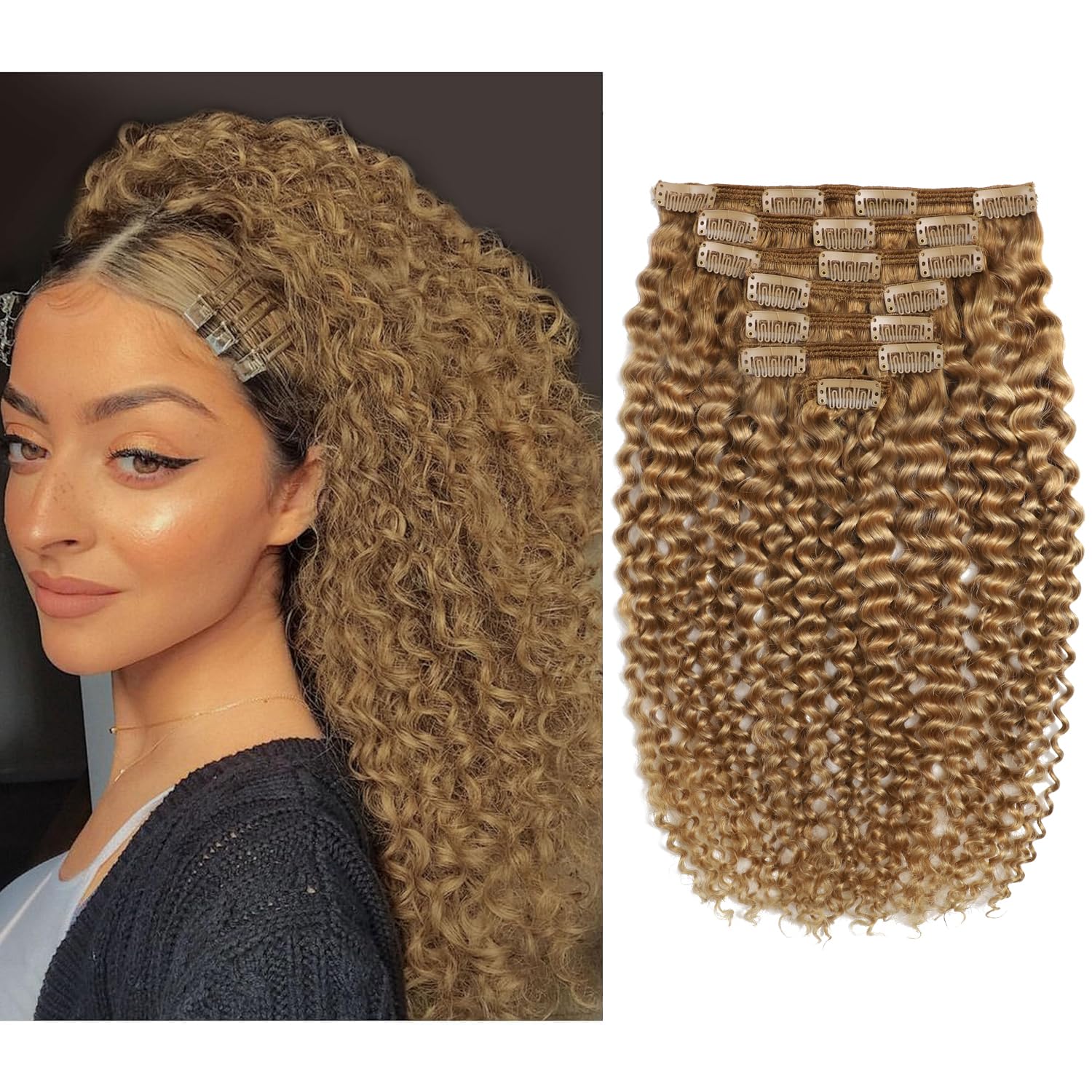 Caliee Spiral Curly Clip in Hair Extensions Real Remy Human Hair Jerry Curly Clip in Extensions 18 Inch Color 27 Strawberry Blonde Curly Clip in Human