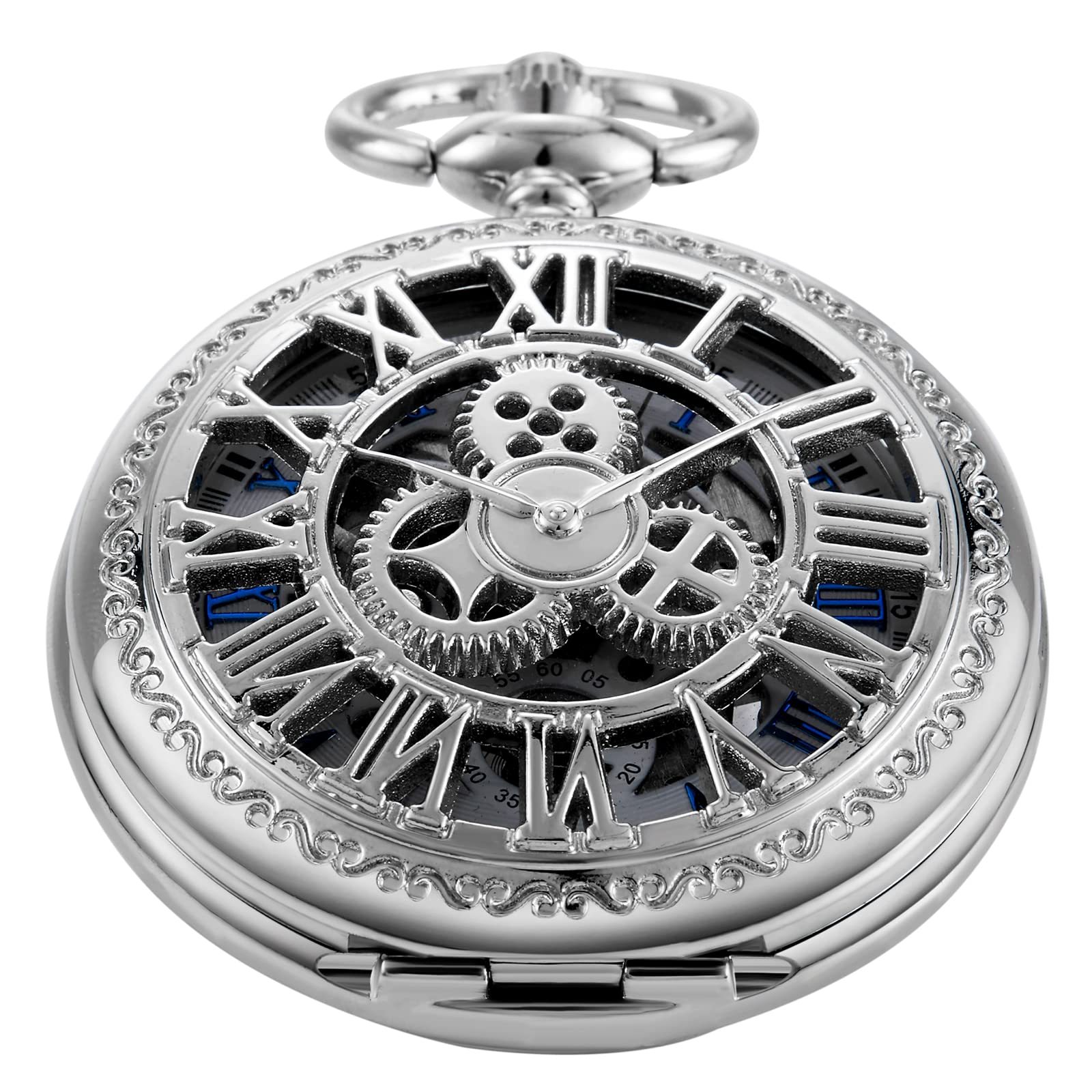 WhodoitVintage Mechanical Men's Pocket Watch, Roman Dial Clock Hand Wind Pocket Watch for Men with FOB Chain Gift
