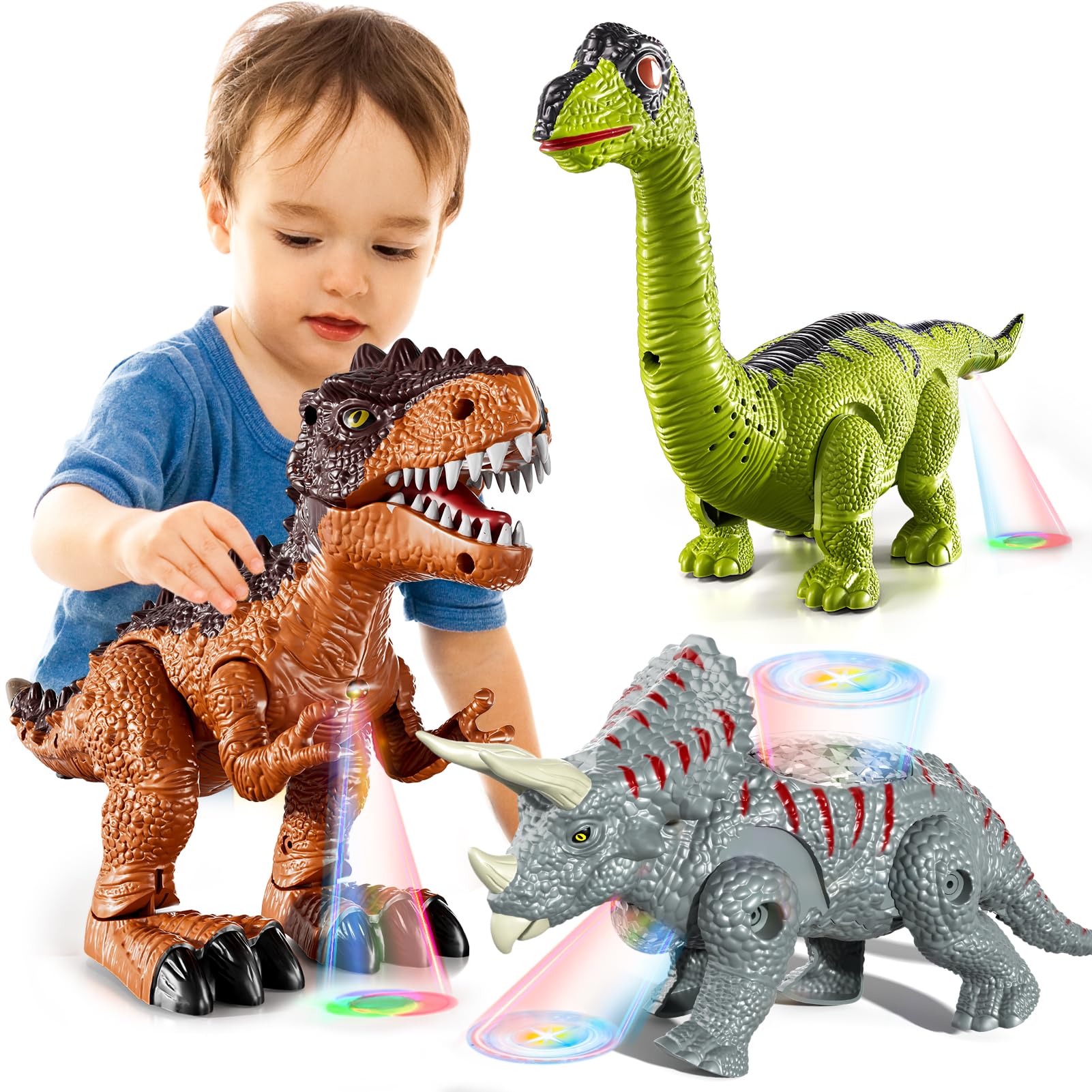 Lucky Doug 3 Pack Electric Realistic Dinosaur Toys with Simulated Sound ＆ Light for Boys Kids Aged 3 4 5 Years Old, Dinosaur Figures for Toddler Christmas and Birthday