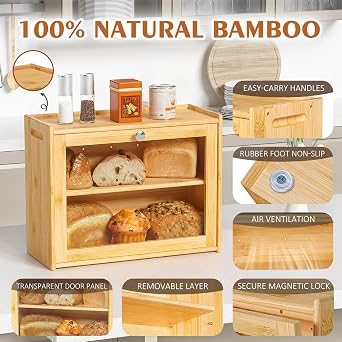 Bread Box for Kitchen Countertop, Double-layers large Bread Container with Transparent Door, Bread Storage&Multiple Usage etc