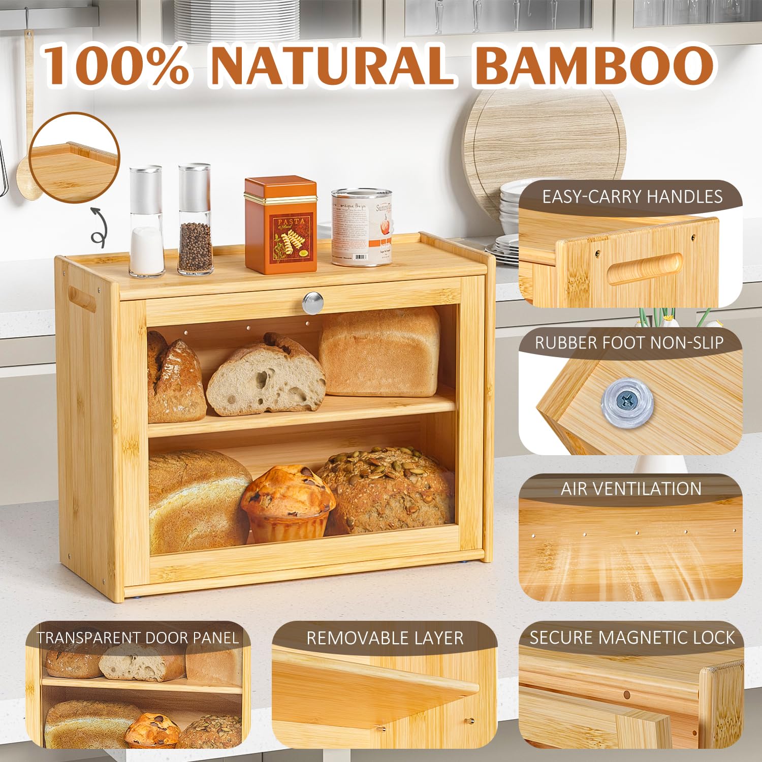 Panera para encimera de cocina, almacenamiento de pan de bambú de doble capa de gran capacidad con puerta transparente, fácil de transportar para armario, despensa, contenedor de pan de