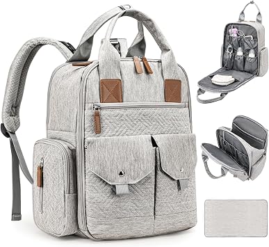 JSTPRO Diaper Bag Backpack - Large Diaper Bag with Portable Changing Pad as Baby Shower Gifts, Lightweight Waterproof Unisex Travel Baby Bag with 4 Insulated Pockets and Stroller Buckles, Light Grey