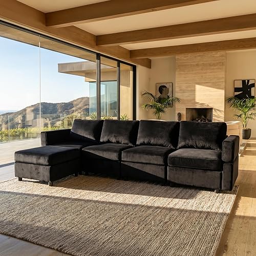 Vesgantti Sectional Couches with Storage Seats, 118" L Shaped Convertible Modular Sectional Sofa, 4 Seat & 1 Ottoman Velvet Storage Chaises Deep Seat Couch for Living Room, Bedroom, Apartment, Black
