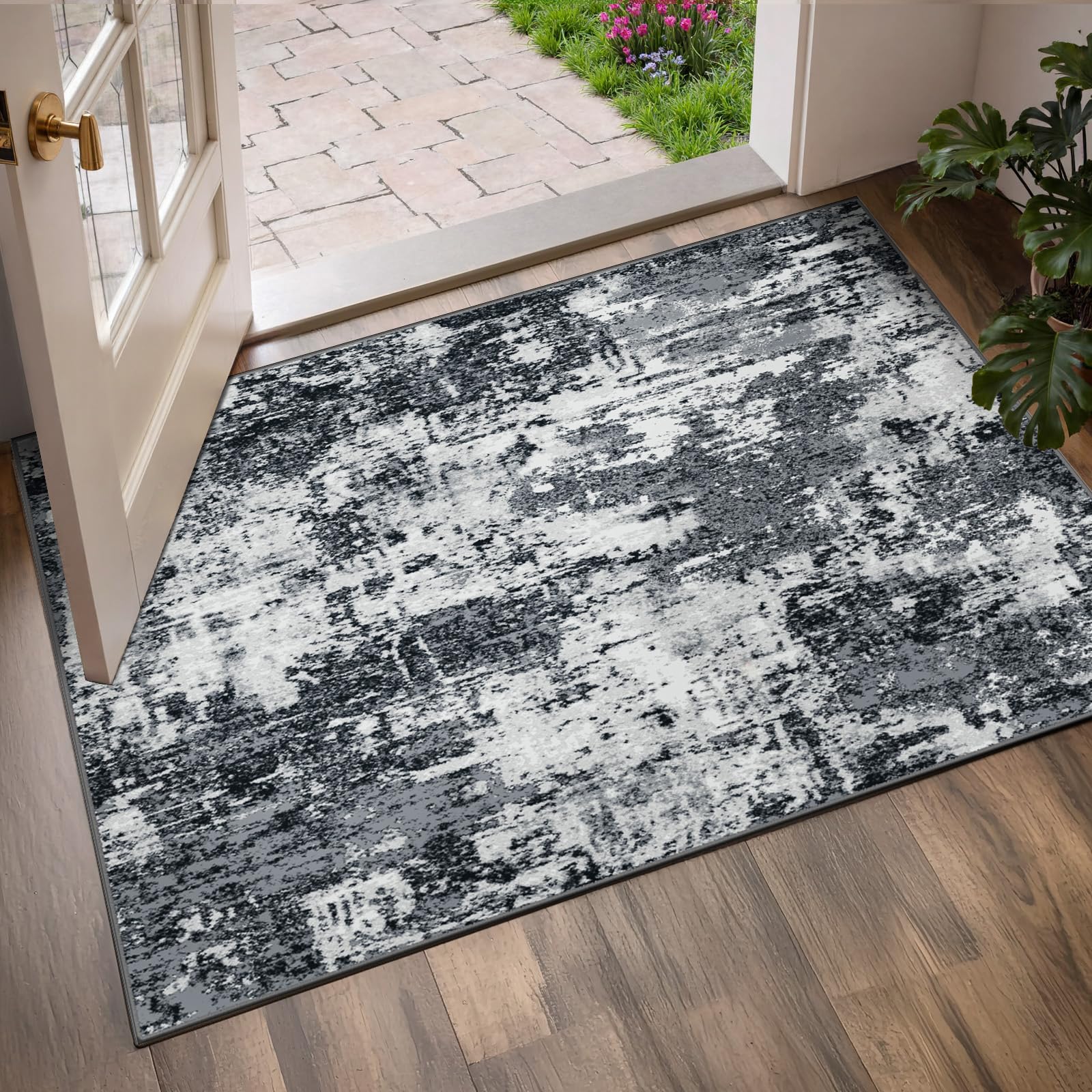 Washable Area Rugs 2'x3' Non-Slip Modern Abstract Soft for Living Room Entryway Bedroom Nursery, Print Pattern, Black Gray