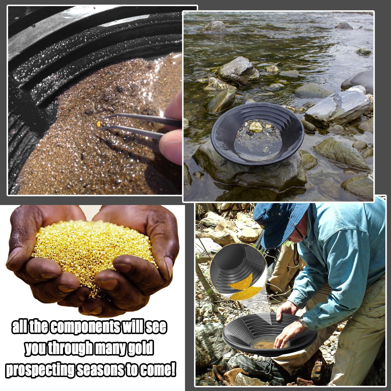 Setaccio Oro Kit Setaccio Per Oro Gold Pan Kit Bacino per la Ricerca dell'oro Ricerca Oro Pans Setaccio Accessori per Sabbia Oro miniere Lavaggio Manuale Oro panning (nero)