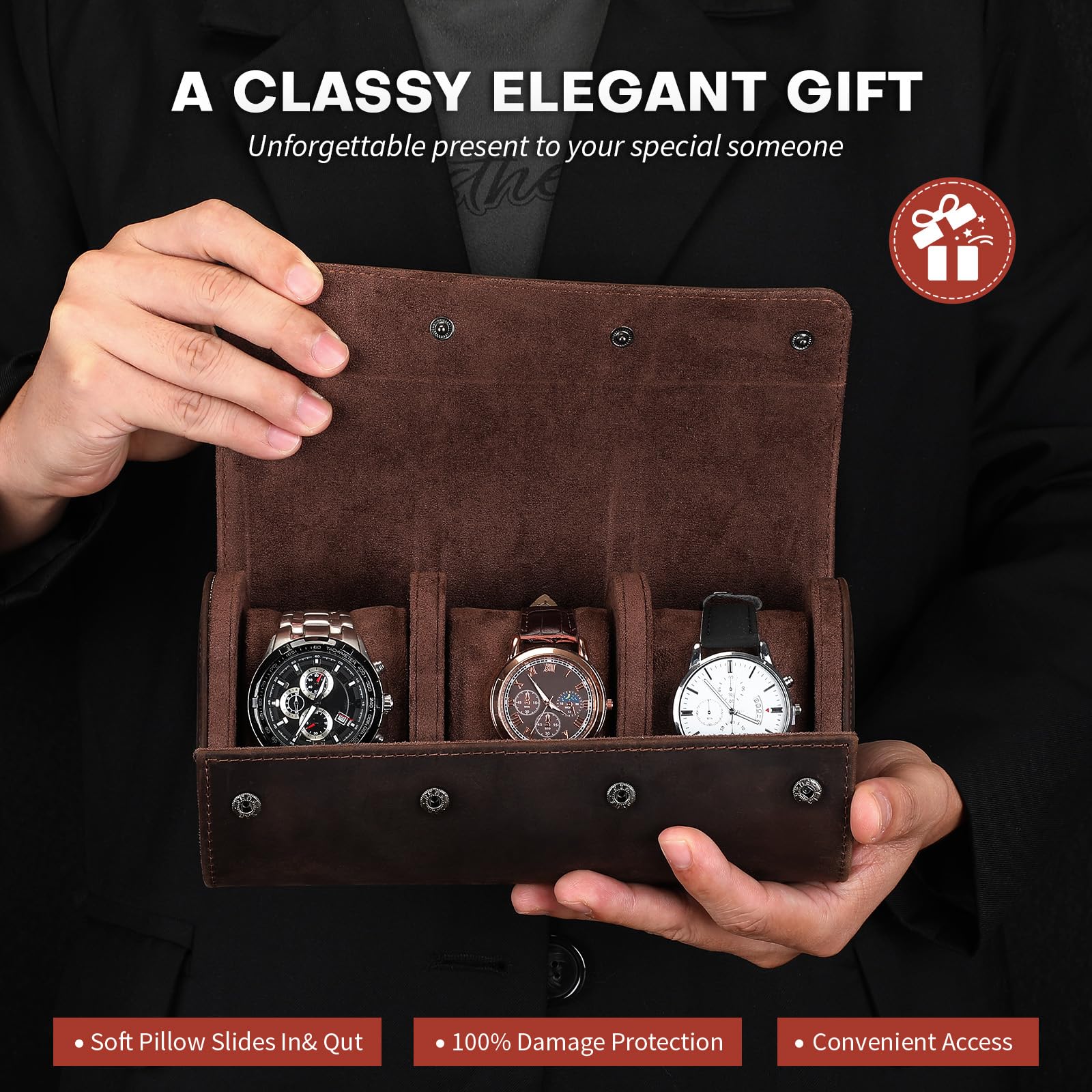 BAIGIO Custodia per 3 Orologi in Pelle, Scatola per Orologio Cilindrico, Porta Orologi da Viaggio Uomo Donne, Orologio Cofanetto Scatola Regalo Espositore da Polso, Watch Box Organizer, Caffè