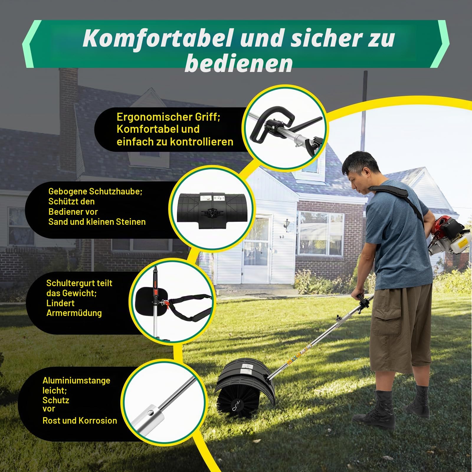 Kehrmaschine, 52cc Benzin Kehrmaschine mit Gas Motor, Reinigungsmaschine mit Nylon Bürstenkopf, Professionelle Leistung, 1,25kw, 6500-8500rpm