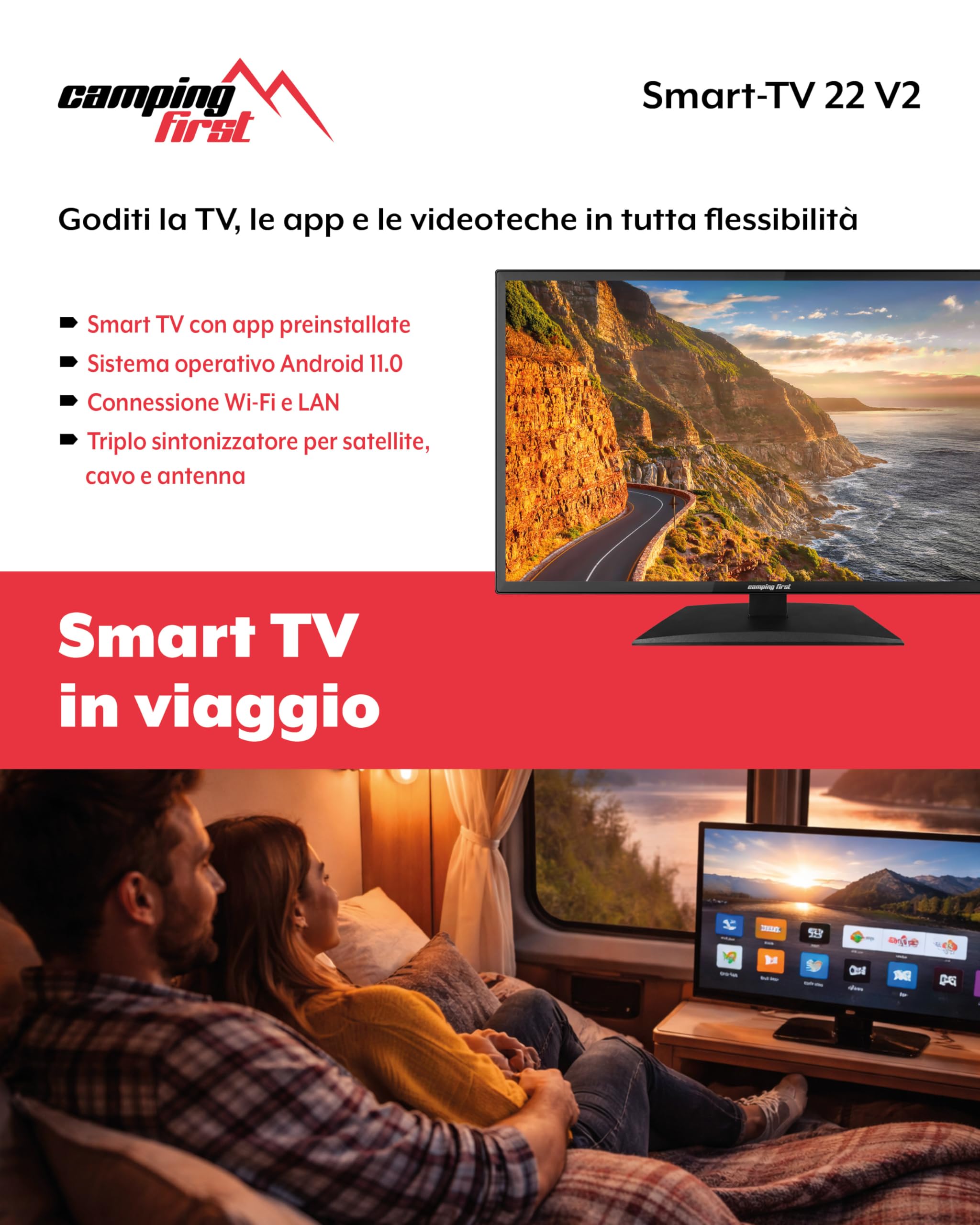 22″ Smart TV V2 – Televisore, 54,6 cm, 12 volt – Nero | Triple tuner, Android 11.0, WiFi/LAN, CI+, USB, Bluetooth