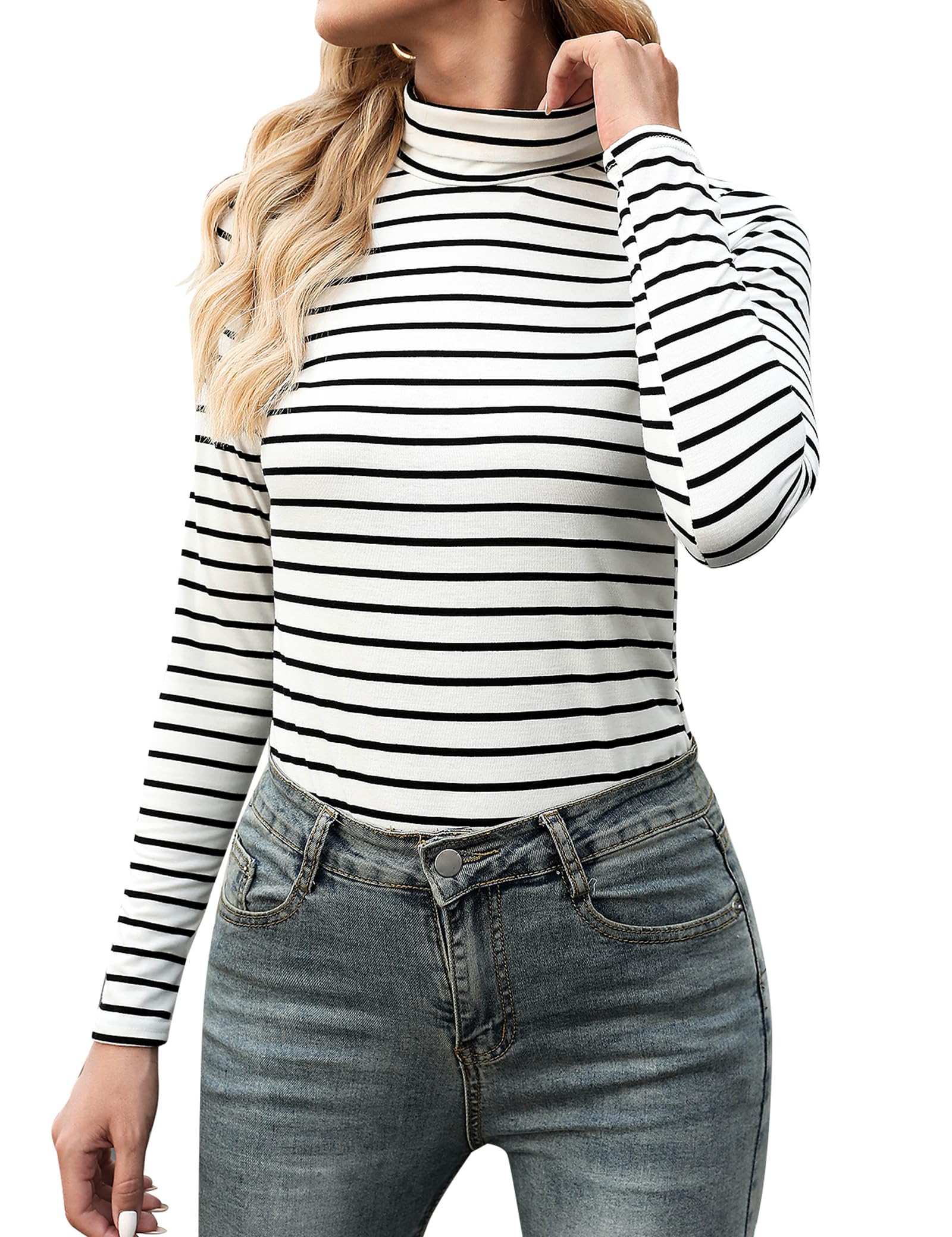 Aottori Oberteile Damen Rollkragen Langarmshirt Elegant Rollkragenpullover Langarm T-Shirt Einfarbig Tops Slim Fit Casual für Herbst Winter Weiß Streifen XL