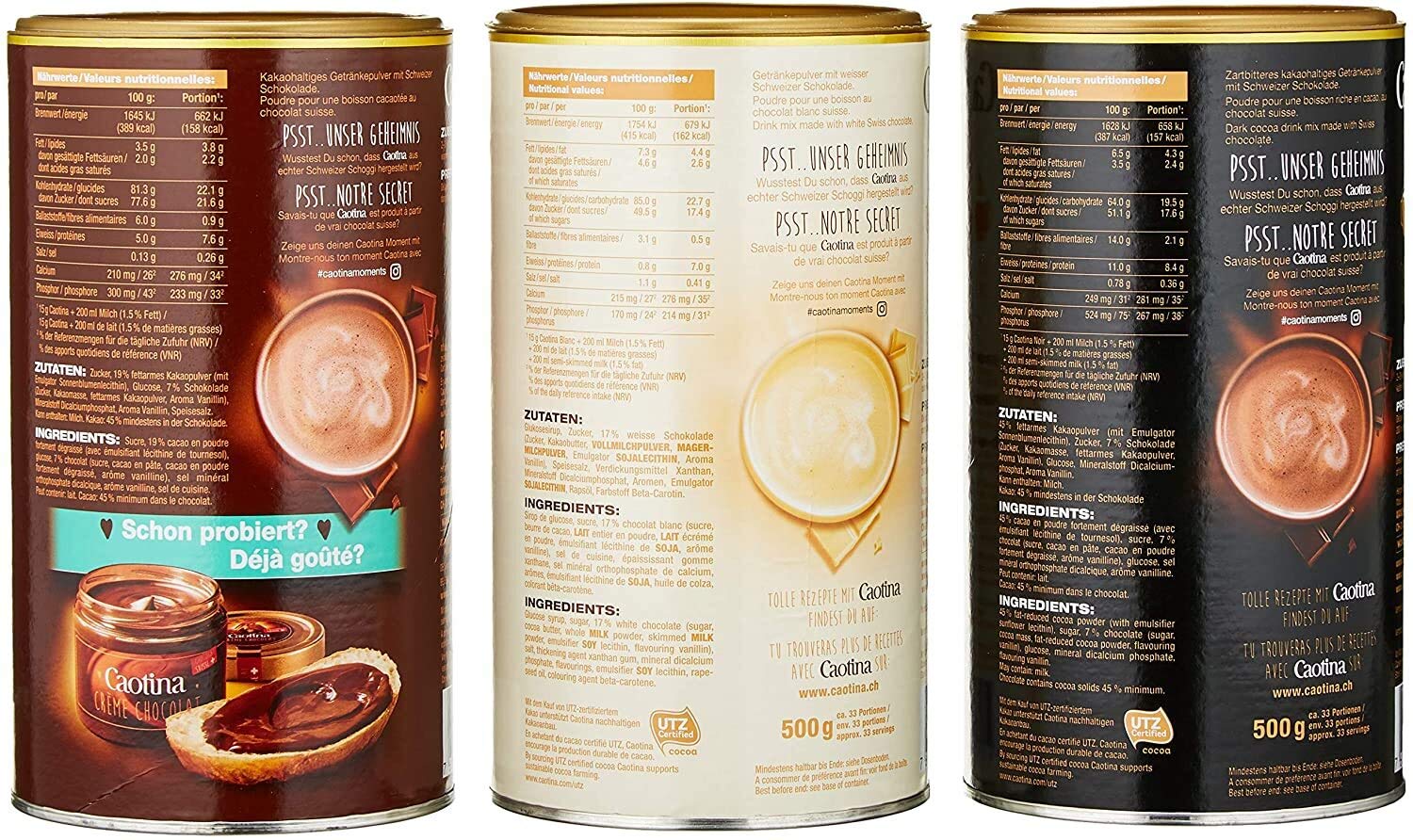Caotina set de 3, original, noir, blanc, Poudre de Cacao avec du Chocolat, Du Chocolat Chaud, 3 x 500g