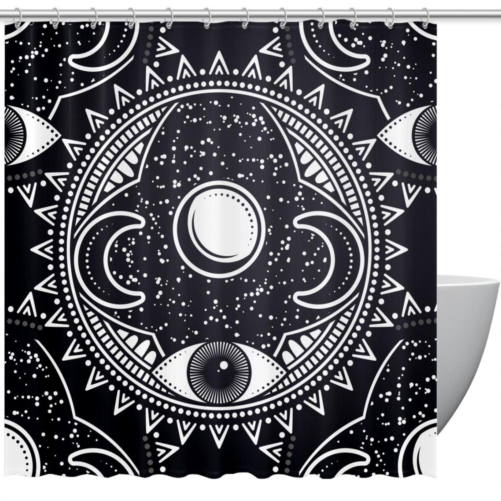 Rideaux de douche Bohême Mandala Lune Noir et Blanc 60x72 pouces pour la salle de bain chic