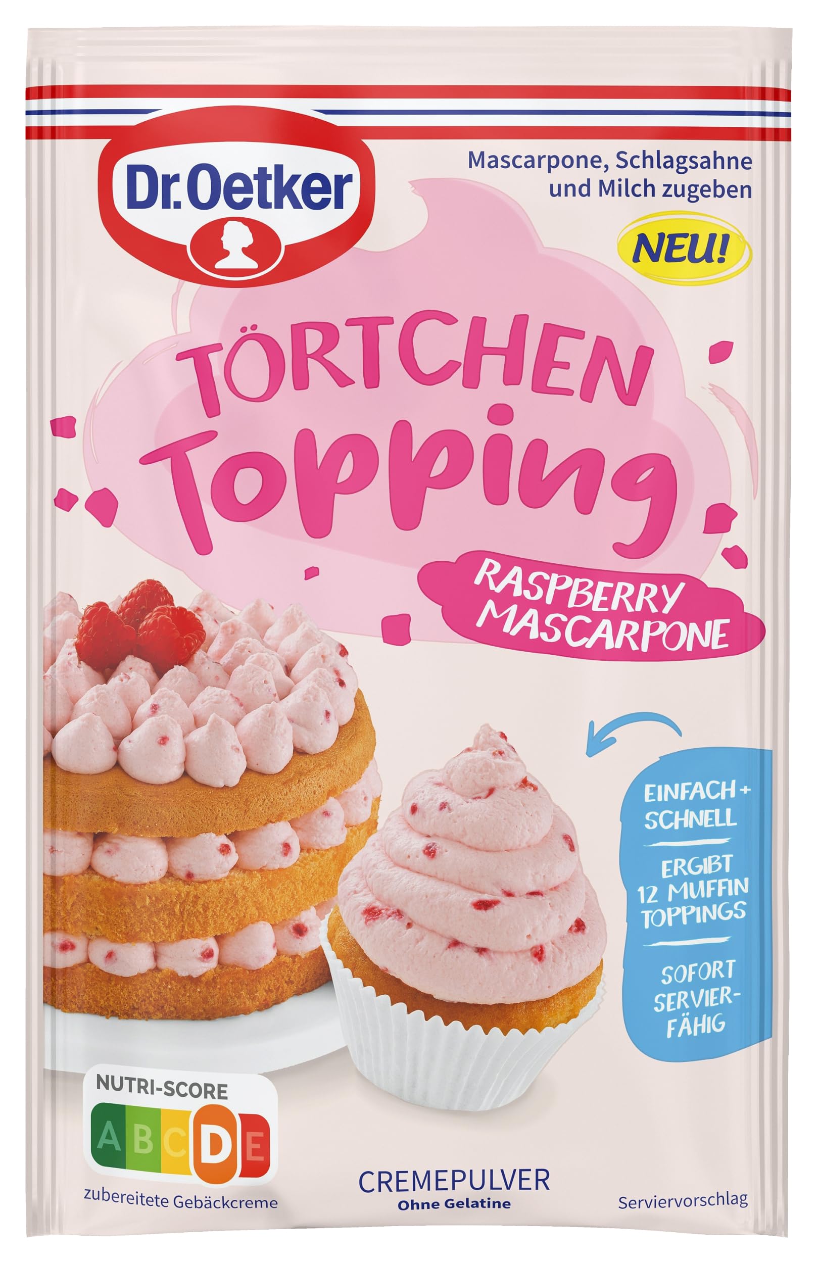 Dr. Oetker Törtchen Topping Raspberry Mascarpone, 8er Pack, Cremepulver für Torten, um eine leckere Tortencreme mit Himbeer- und Mascarponegeschmack zuzubereiten (8 x 50g)