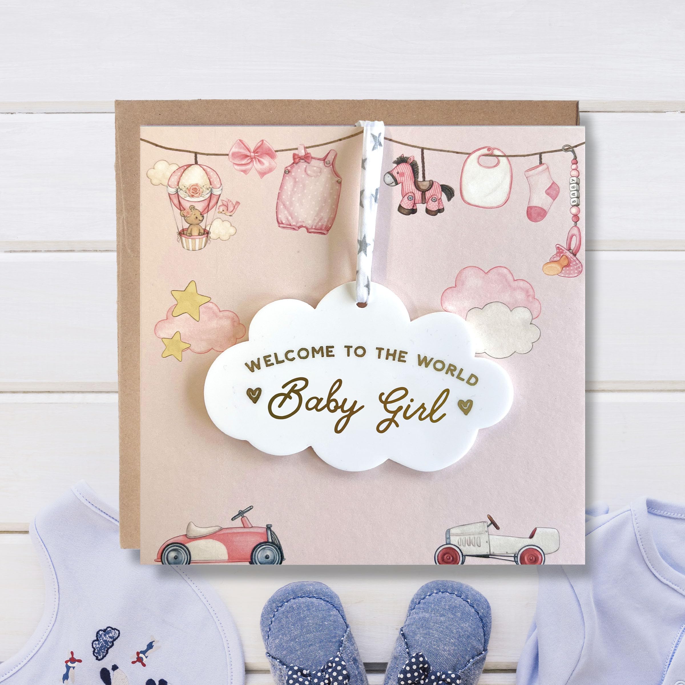 New Baby Girl or Baby Boy Card With Personalised Cloud Keepsake Gift, Welcome To The World Little One New Baby Card - Image 3